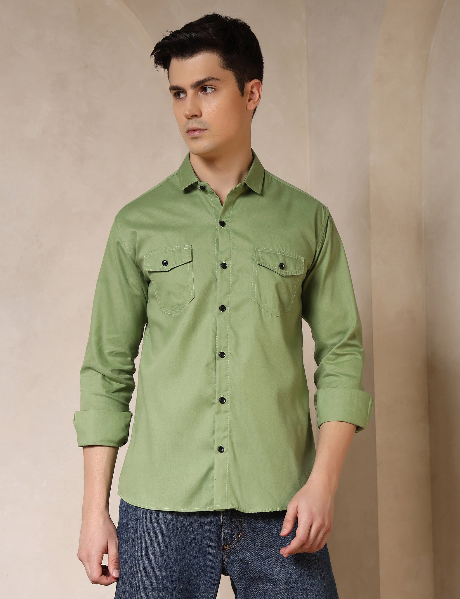 Classic Light Green Dual Pocket Cotton Blend Shirt