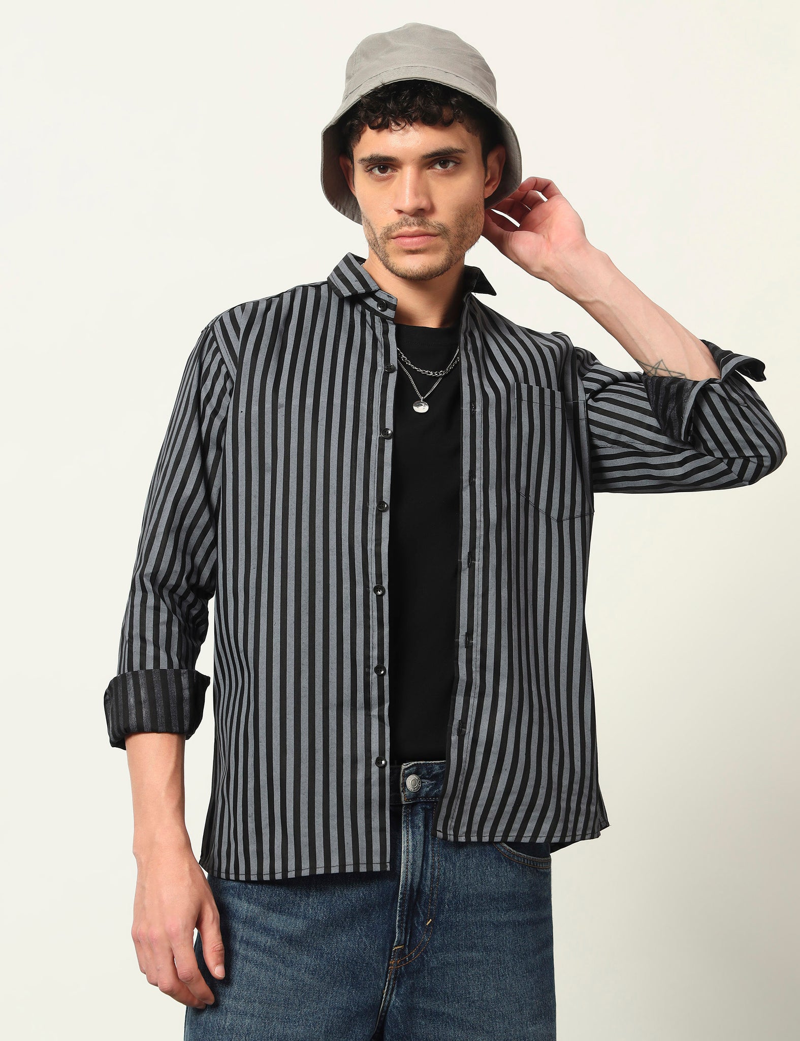 Inferno Stripes Casual Grey Cotton Blend Shirt