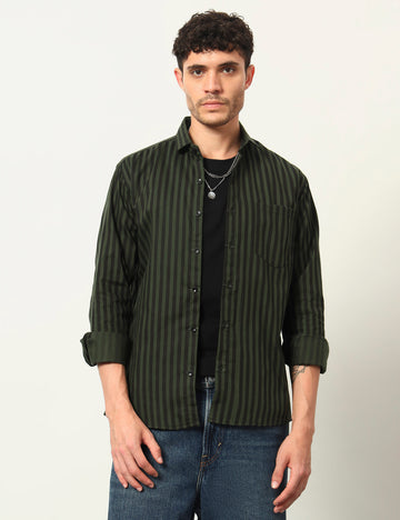 Inferno Stripes Casual Olive Green Cotton Blend Shirt