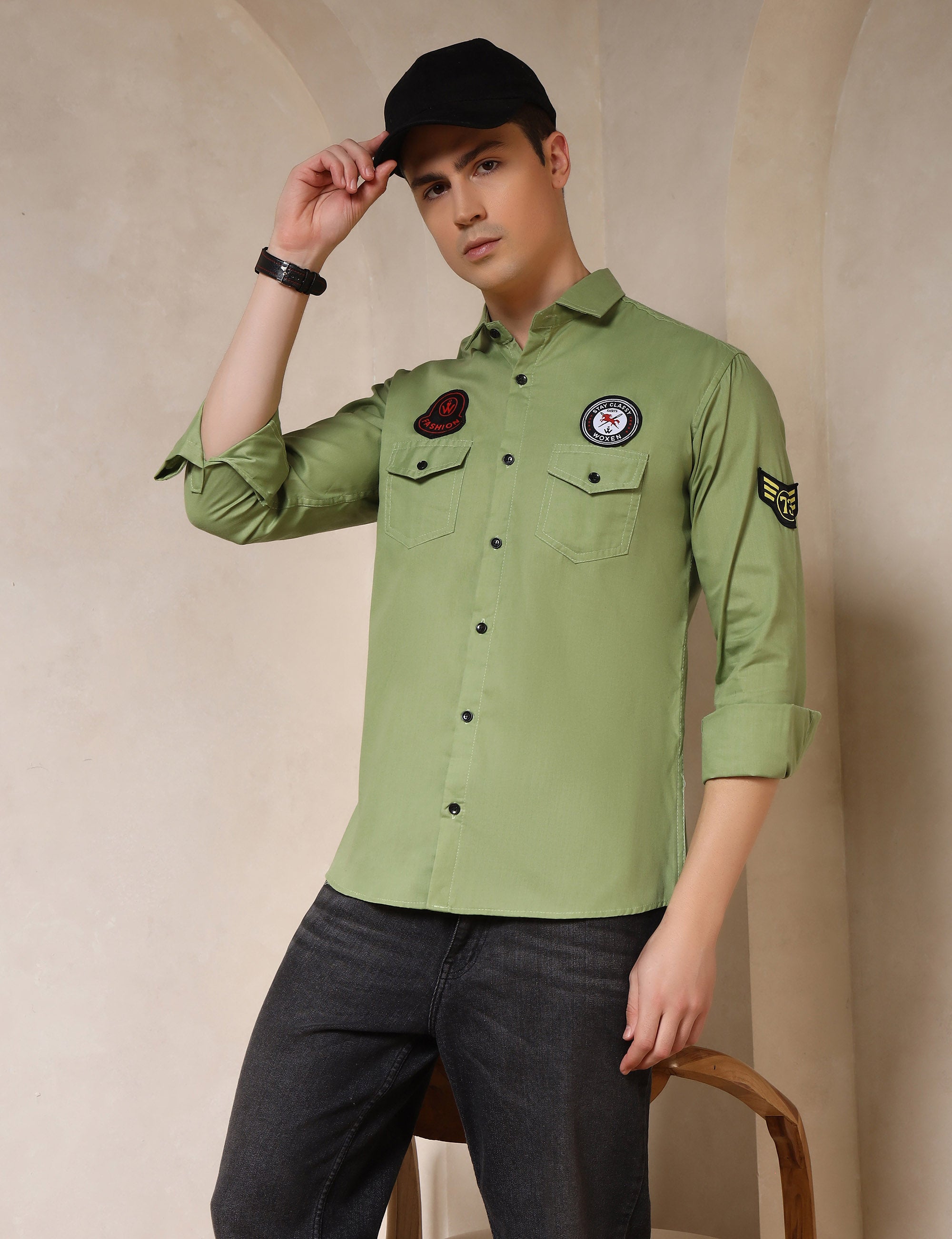 Urban Style Embroidery Patch Light Green Cotton Blend Shirt