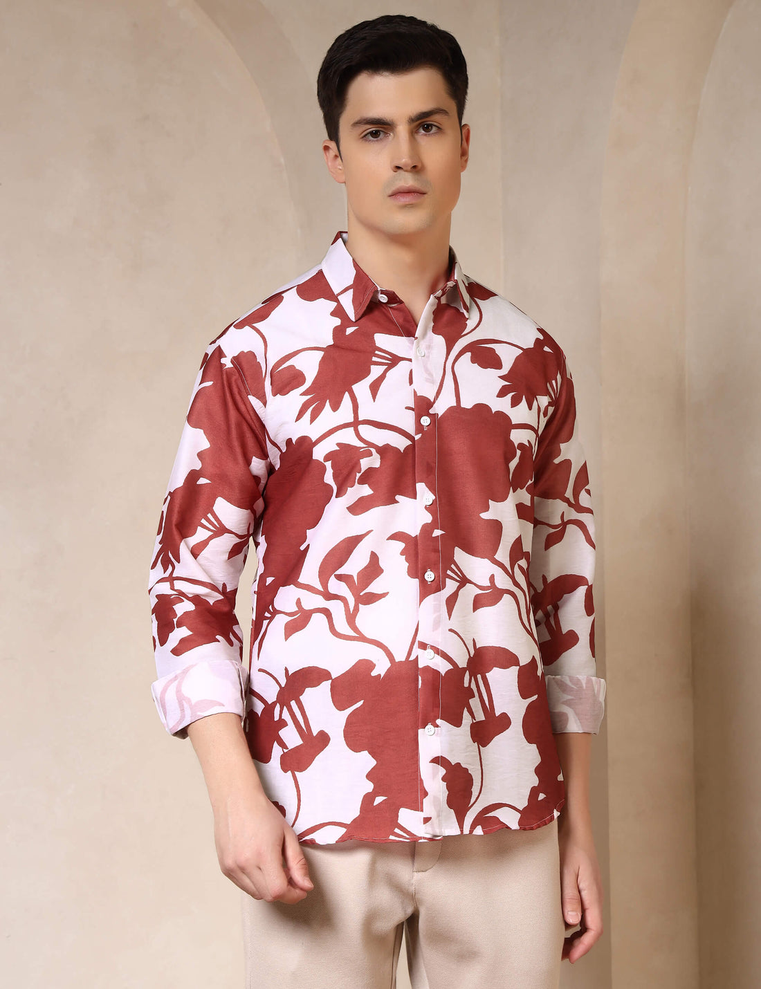 Rust Floral Silhouette Cotton Blend Casual Shirt