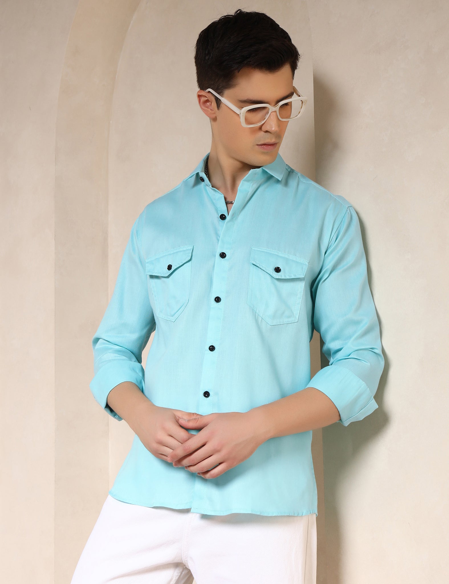 Classic Sea Green Dual Pocket Cotton Blend Shirt