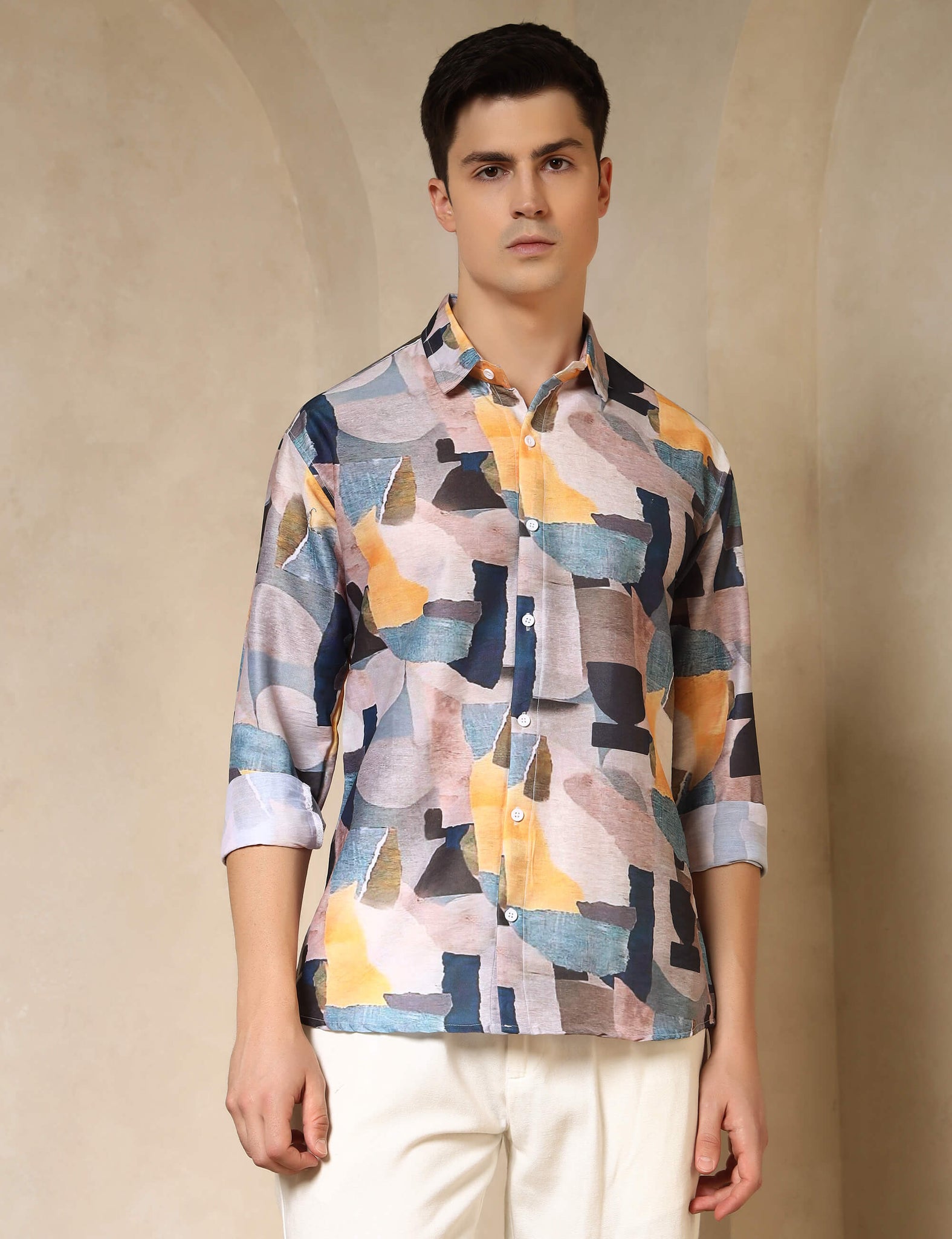 Abstract Brushstroke Printed Cotton Blend Casual Shirt