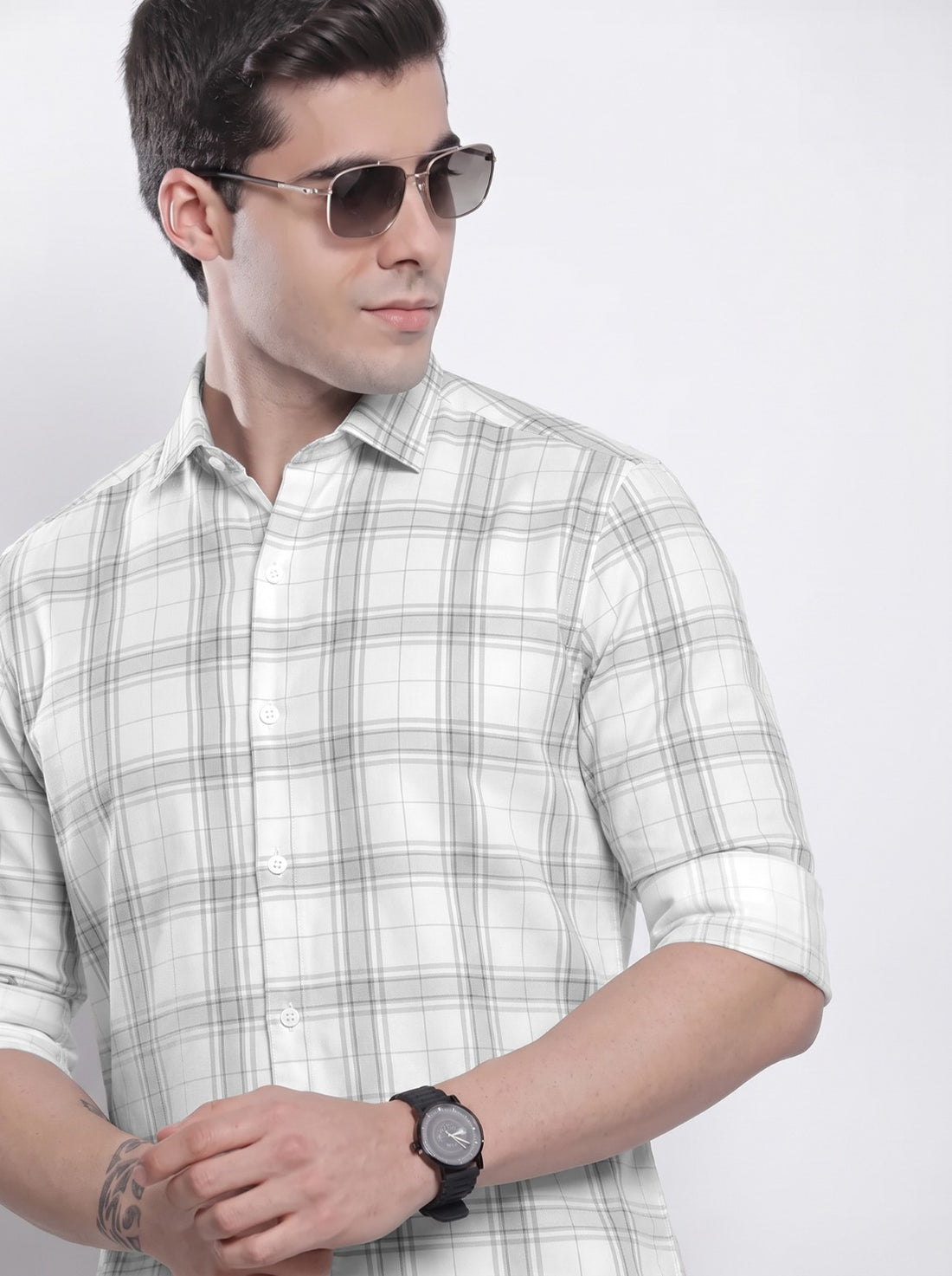 Men's White Classic Checkered Cotton Blend Casual Shirt by WOXEN – image 1 of 5