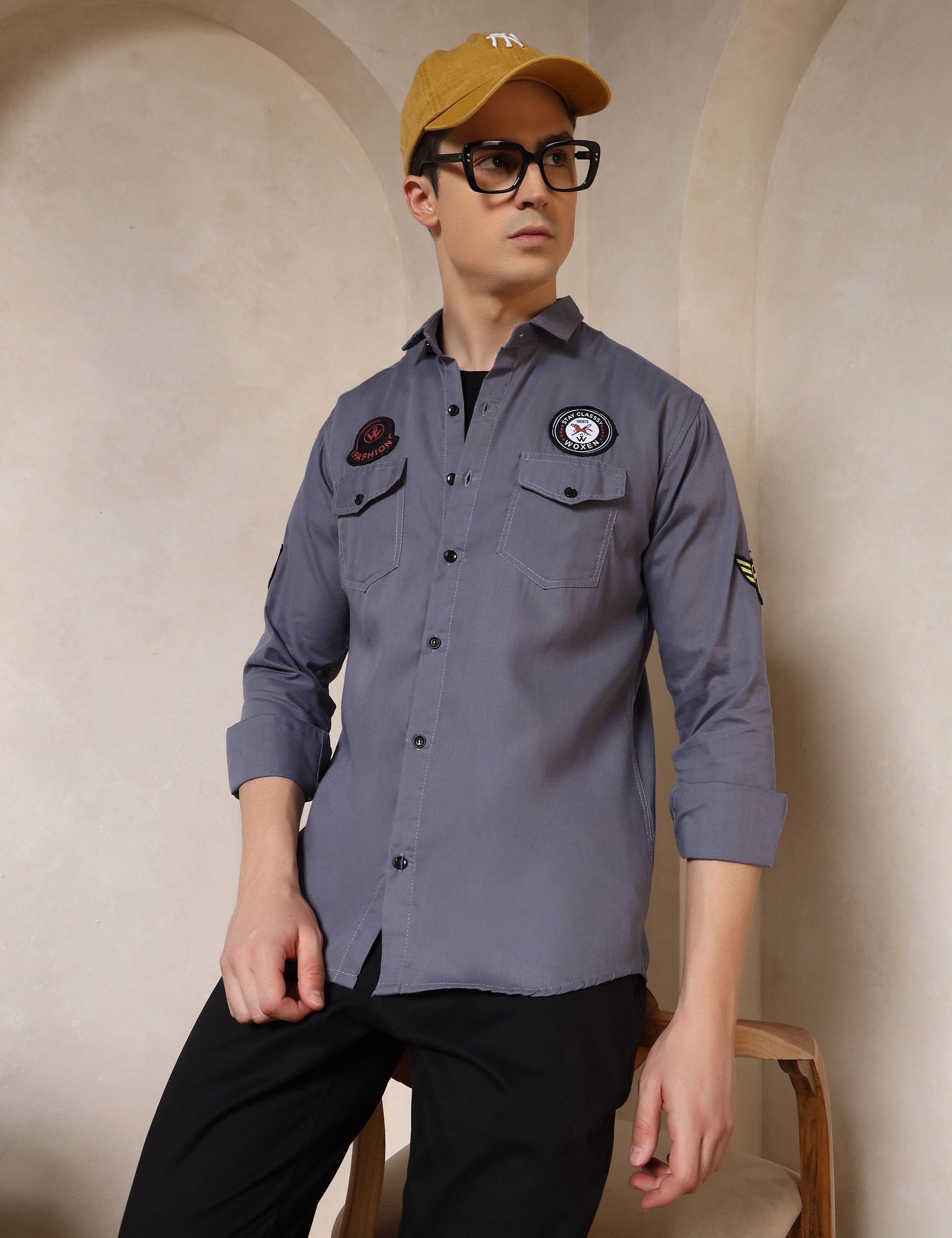 Urban Style Embroidery Patch Grey Cotton Blend Shirt