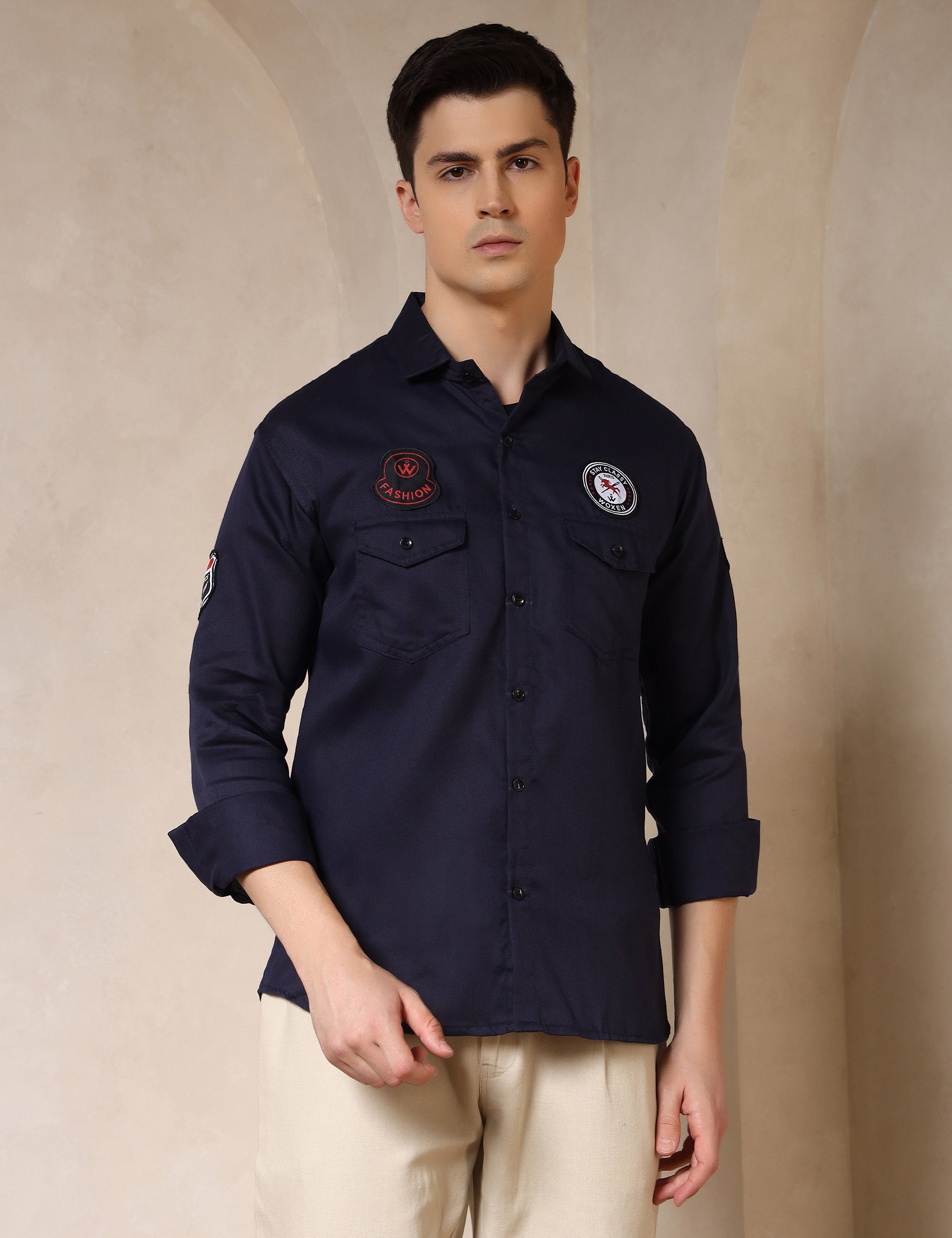 Urban Style Embroidery Patch Navy Blue Cotton Blend Shirt