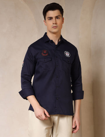 Urban Style Embroidery Patch Navy Blue Cotton Blend Shirt