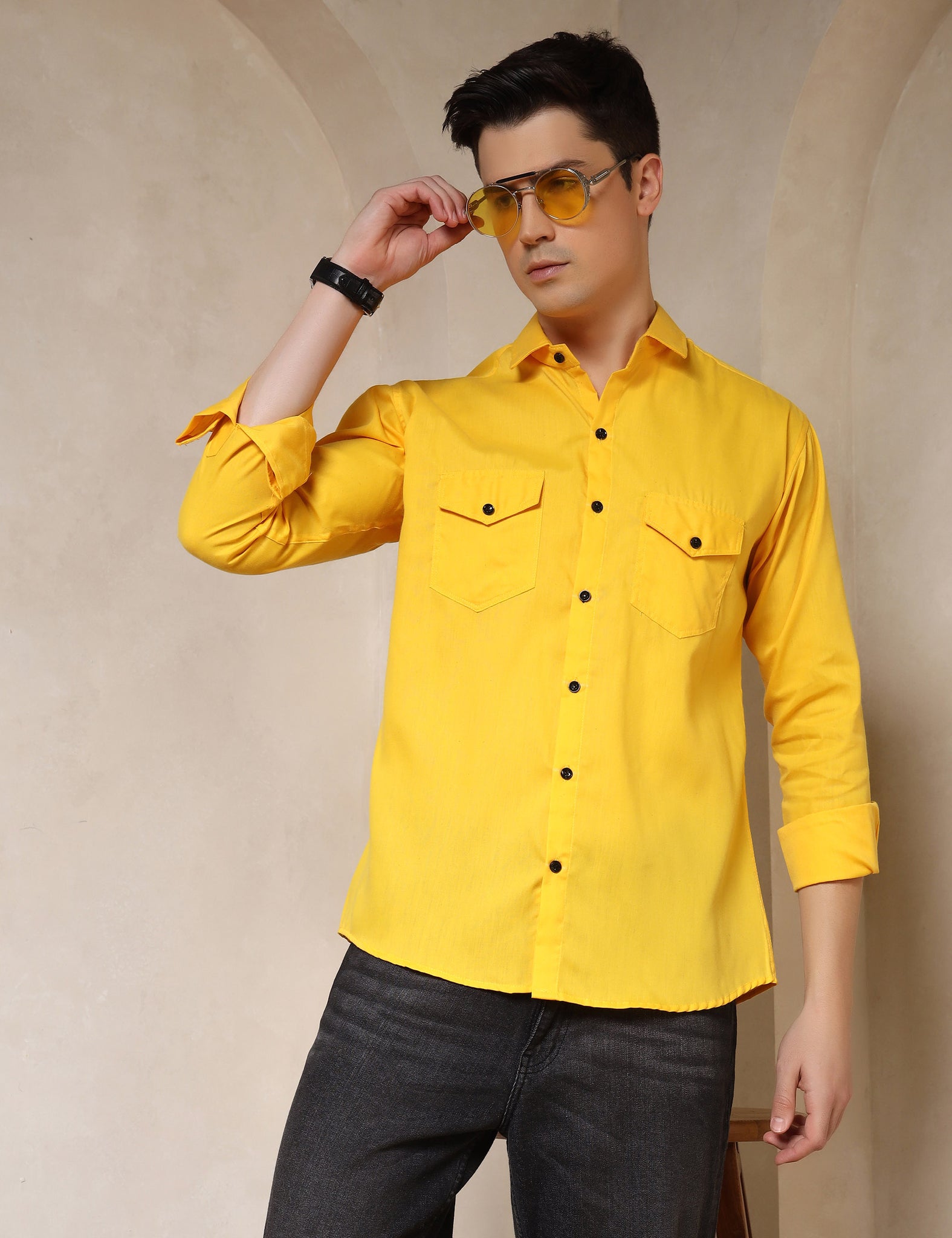Classic Yellow Dual Pocket Cotton Blend Shirt