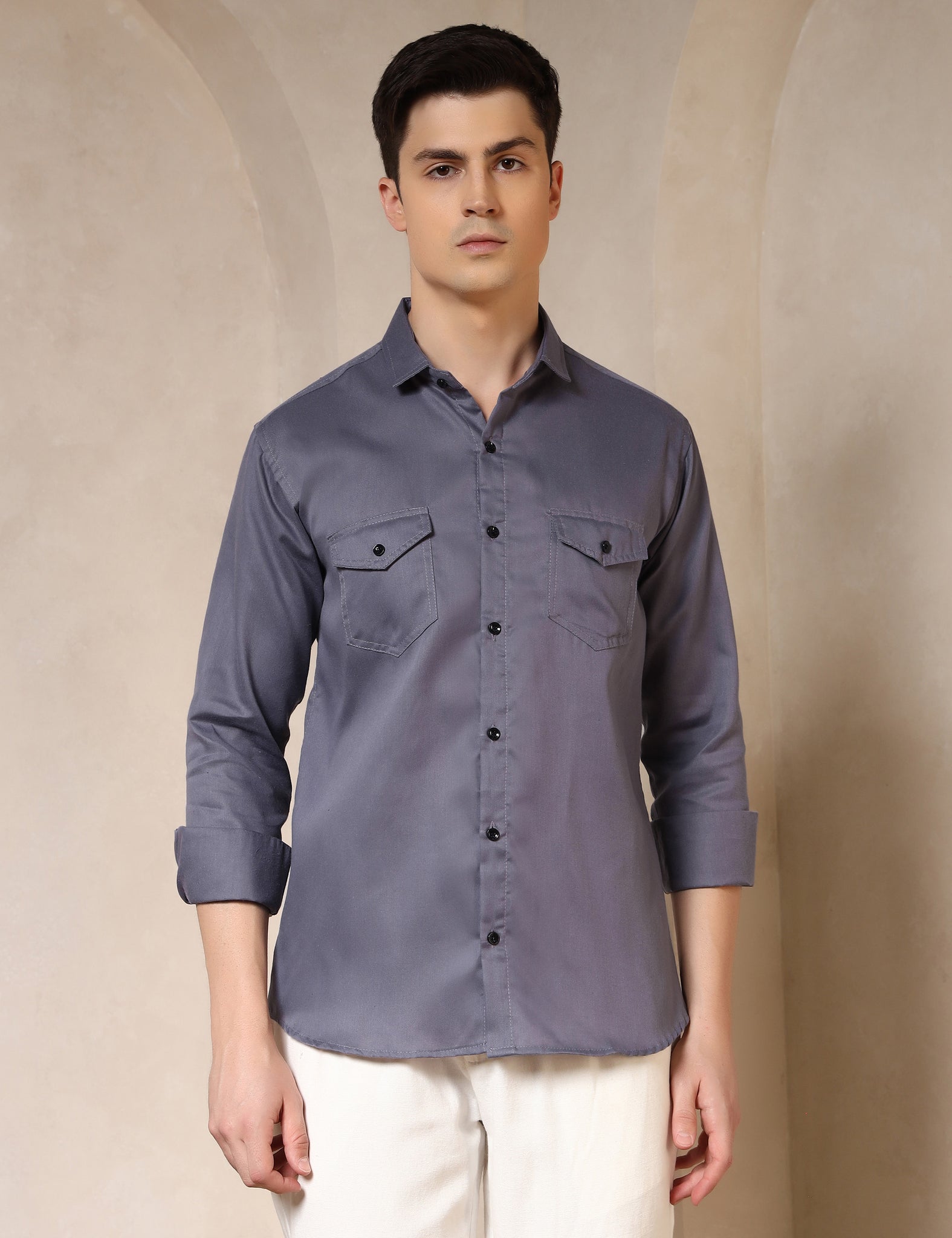 Classic Grey Dual Pocket Cotton Blend Shirt