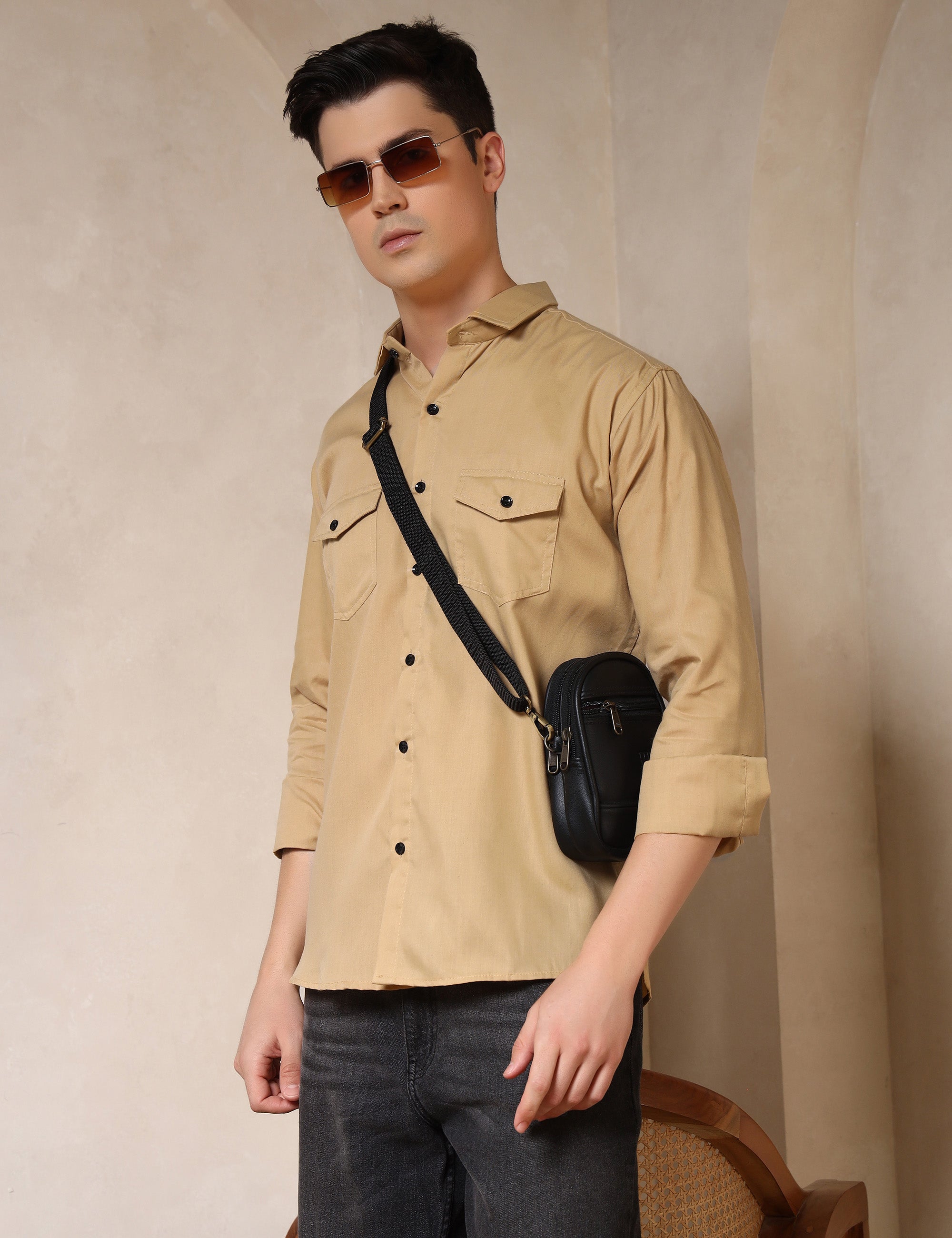 Classic Ochre Yellow Dual Pocket Cotton Blend Shirt