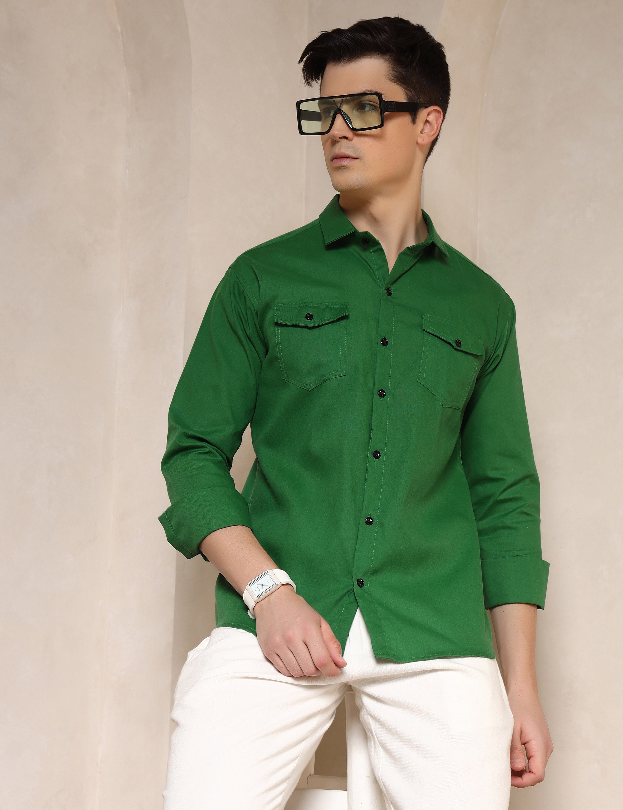 Classic Bright Green Dual Pocket Cotton Blend Shirt
