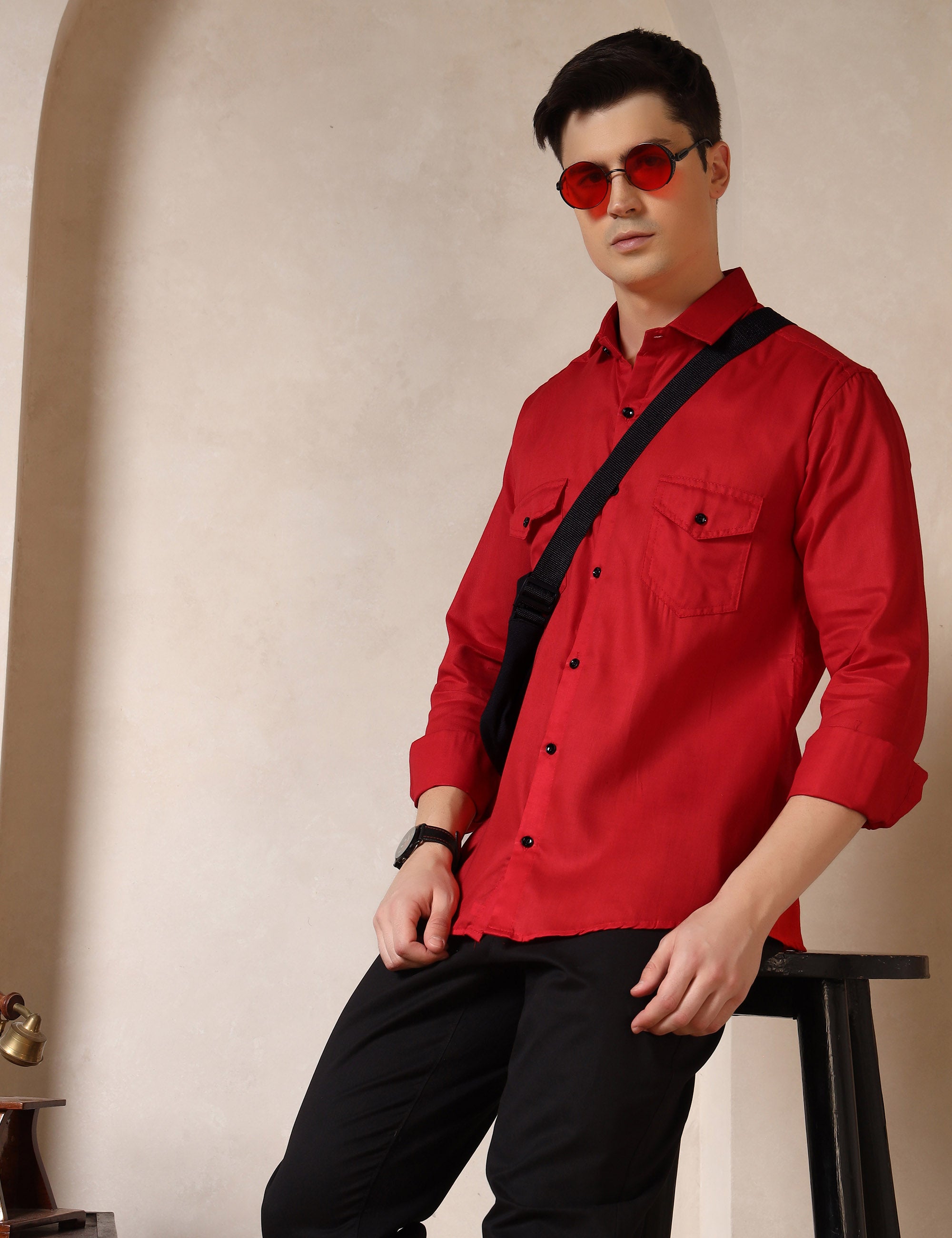 Classic Red Dual Pocket Cotton Blend Shirt