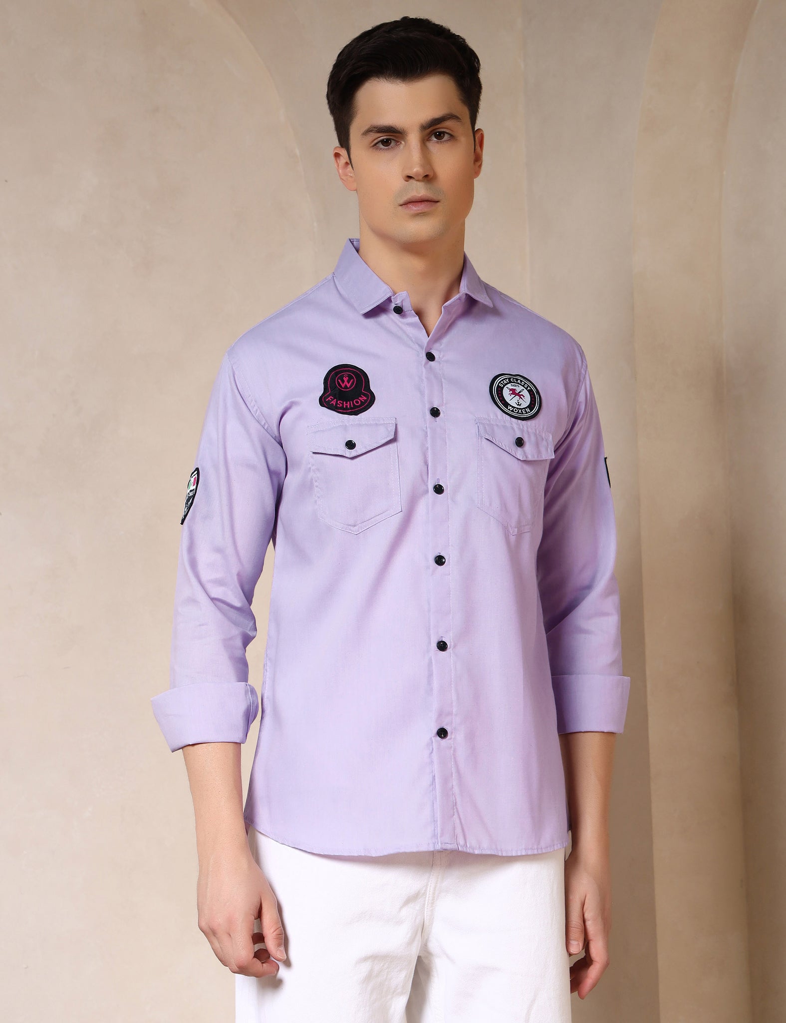 Urban Style Embroidery Patch Lavender Cotton Blend Shirt