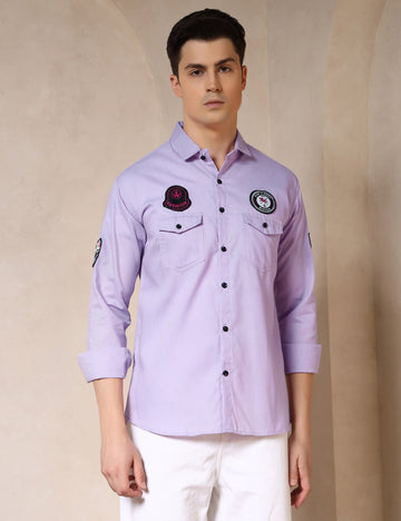 Urban Style Embroidery Patch Lavender Cotton Blend Shirt