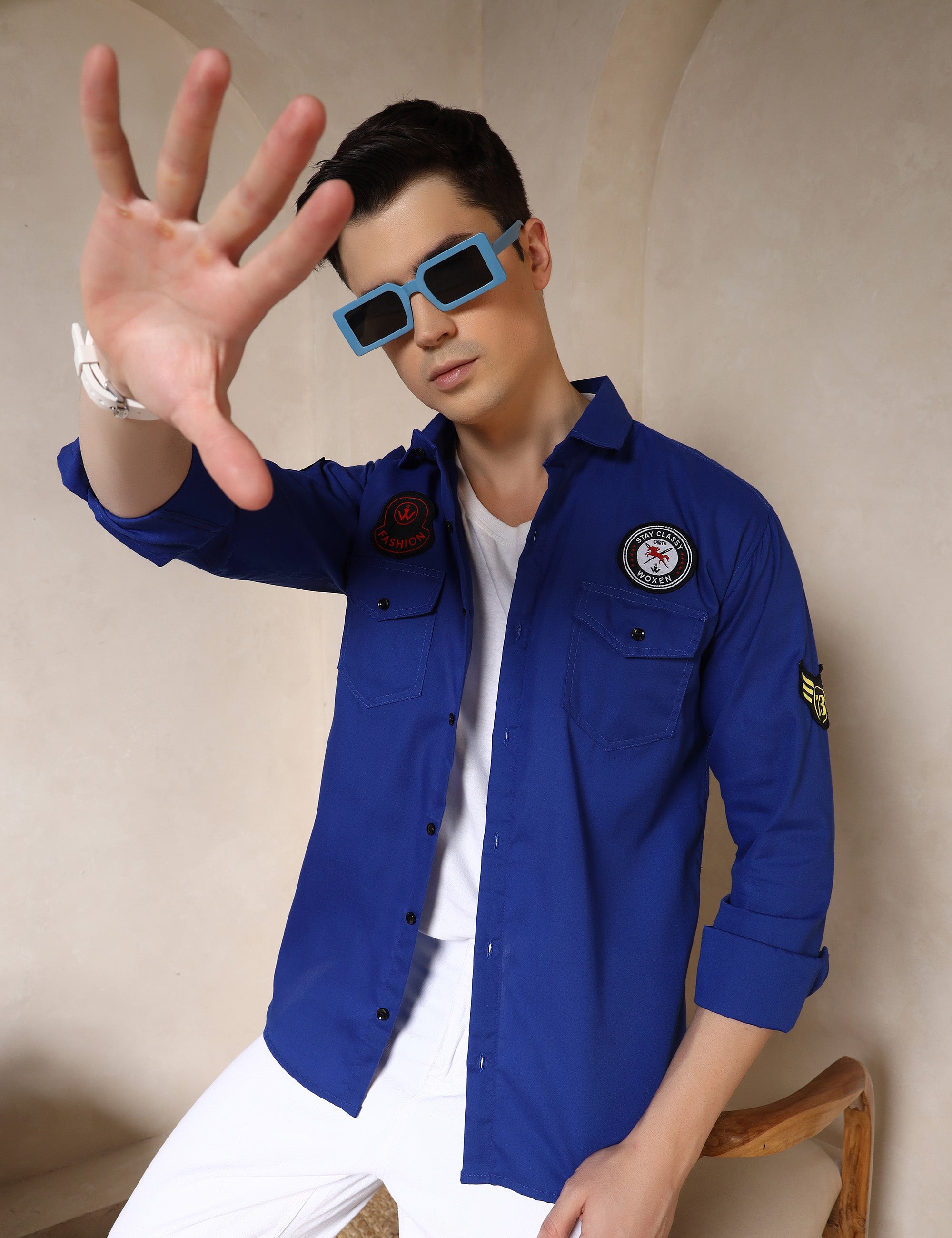 Urban Style Embroidery Patch Royal Blue Cotton Blend Shirt