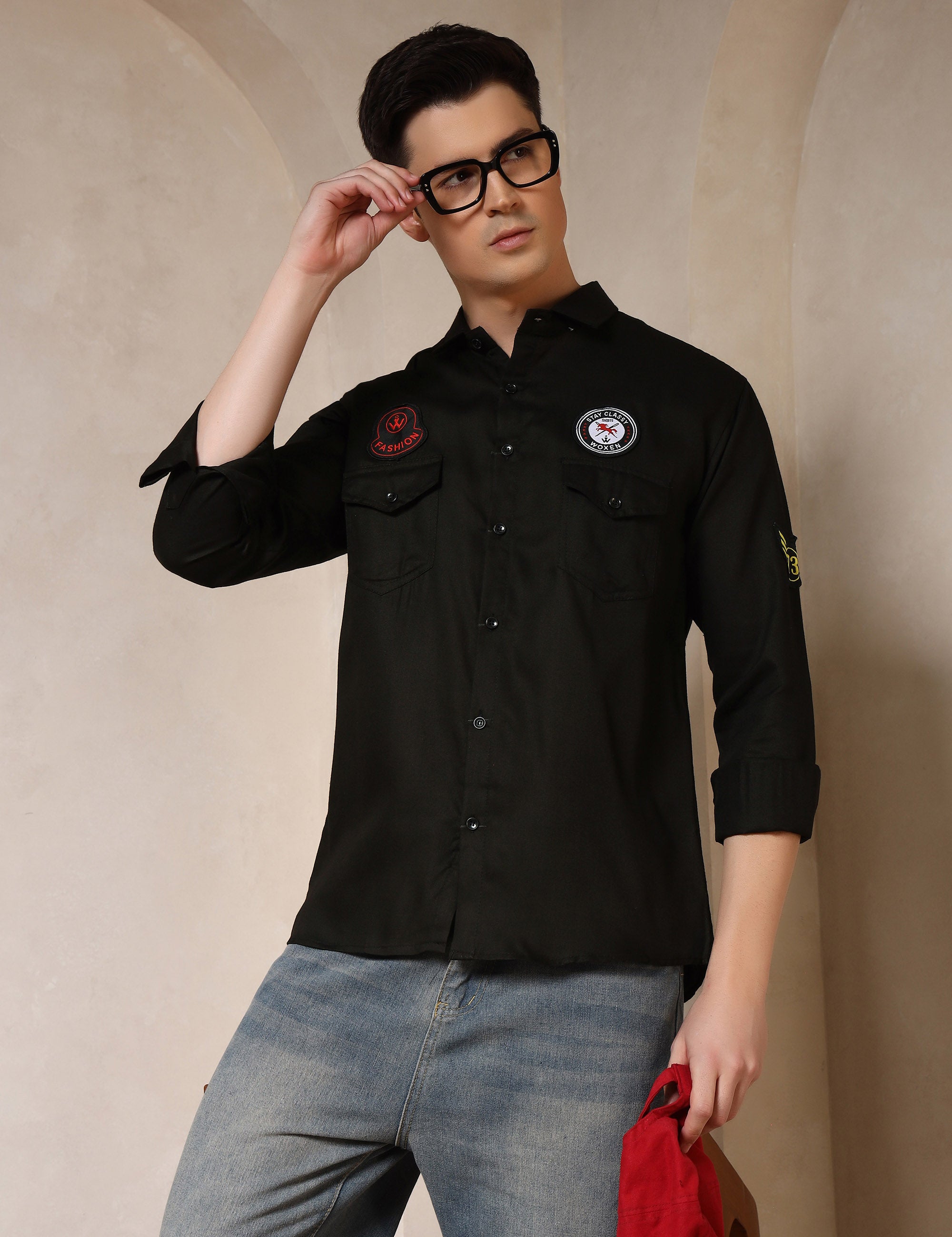 Urban Style Embroidery Patch Black Cotton Blend Shirt