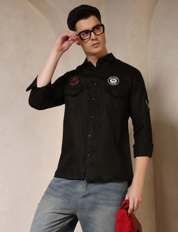 Urban Style Embroidery Patch Black Cotton Blend Shirt