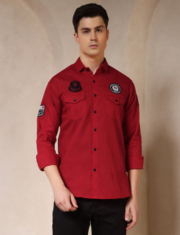 Urban Style Embroidery Patch Red Cotton Blend Shirt