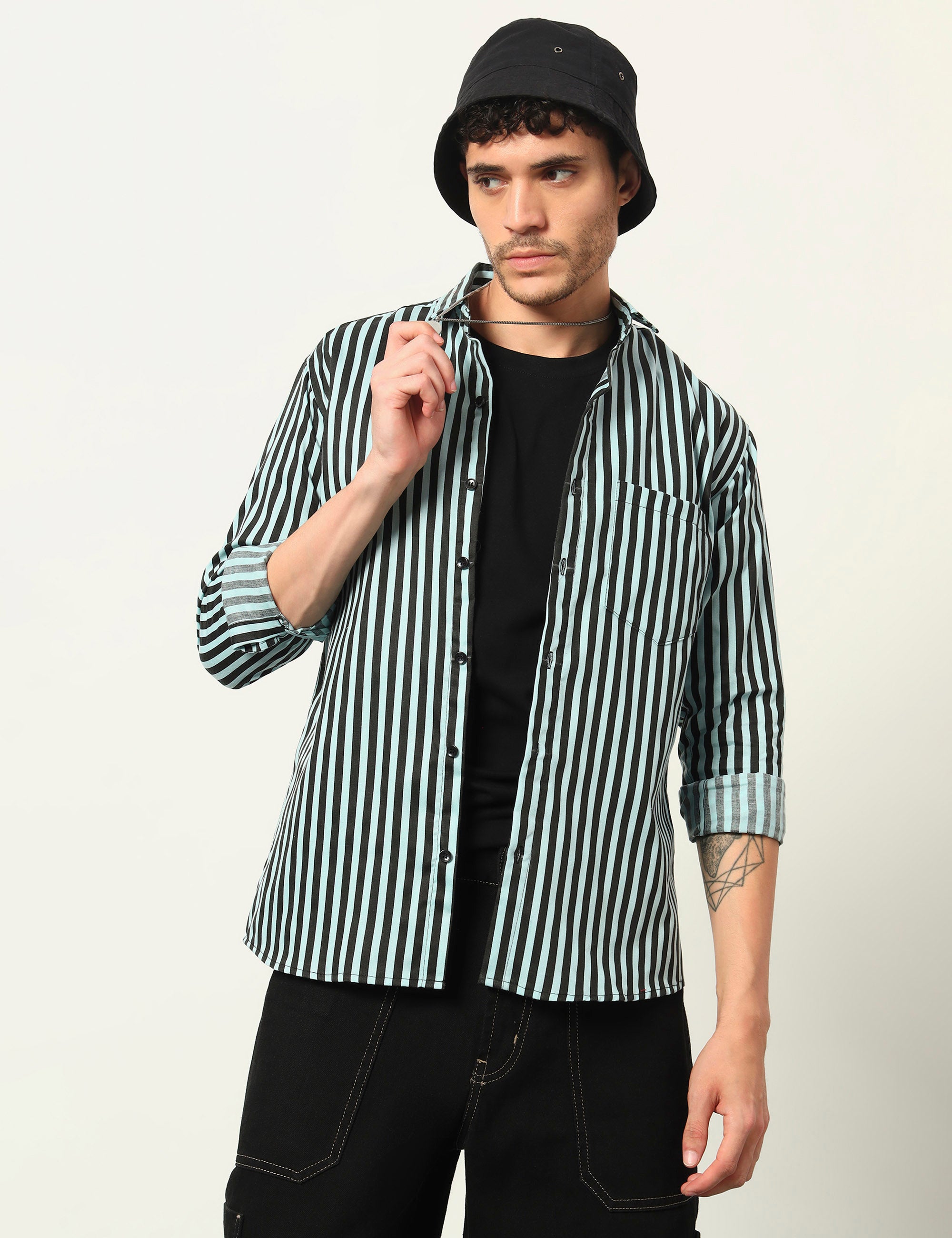 Inferno Stripes Casual Sea Green Cotton Blend Shirt