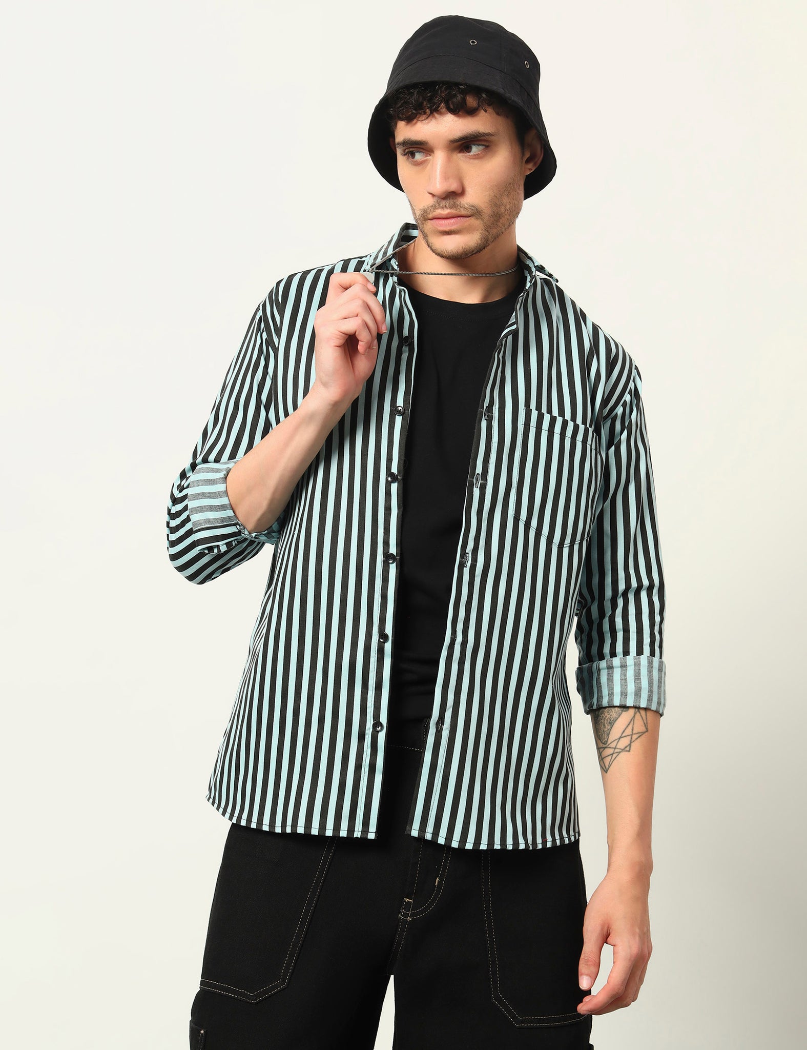 Inferno Stripes Casual Sea Green Cotton Blend Shirt