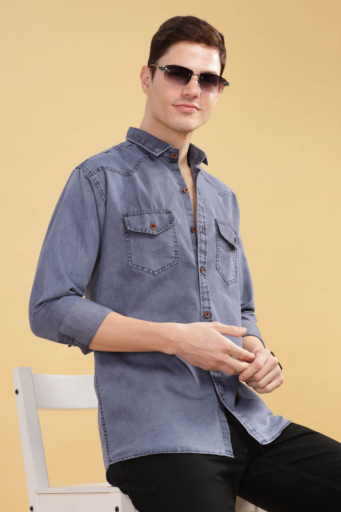 Men’s Washed Blue Denim Utility Shirt