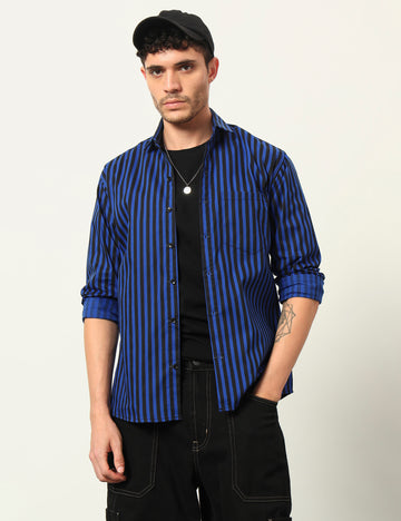 Inferno Stripes Casual Royal Blue Cotton Blend Shirt