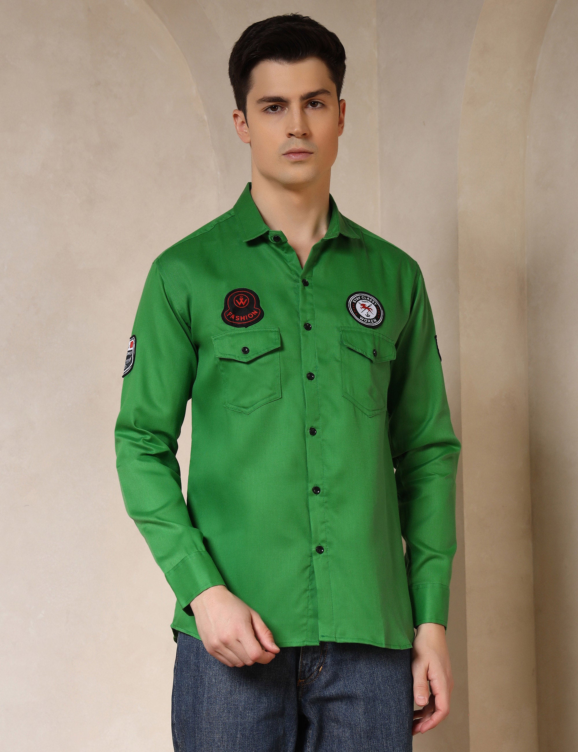 Urban Style Embroidery Patch Bright Green Cotton Blend Shirt