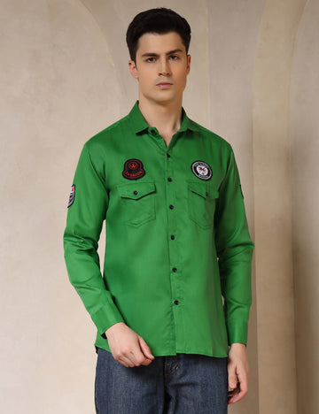 Urban Style Embroidery Patch Bright Green Cotton Blend Shirt