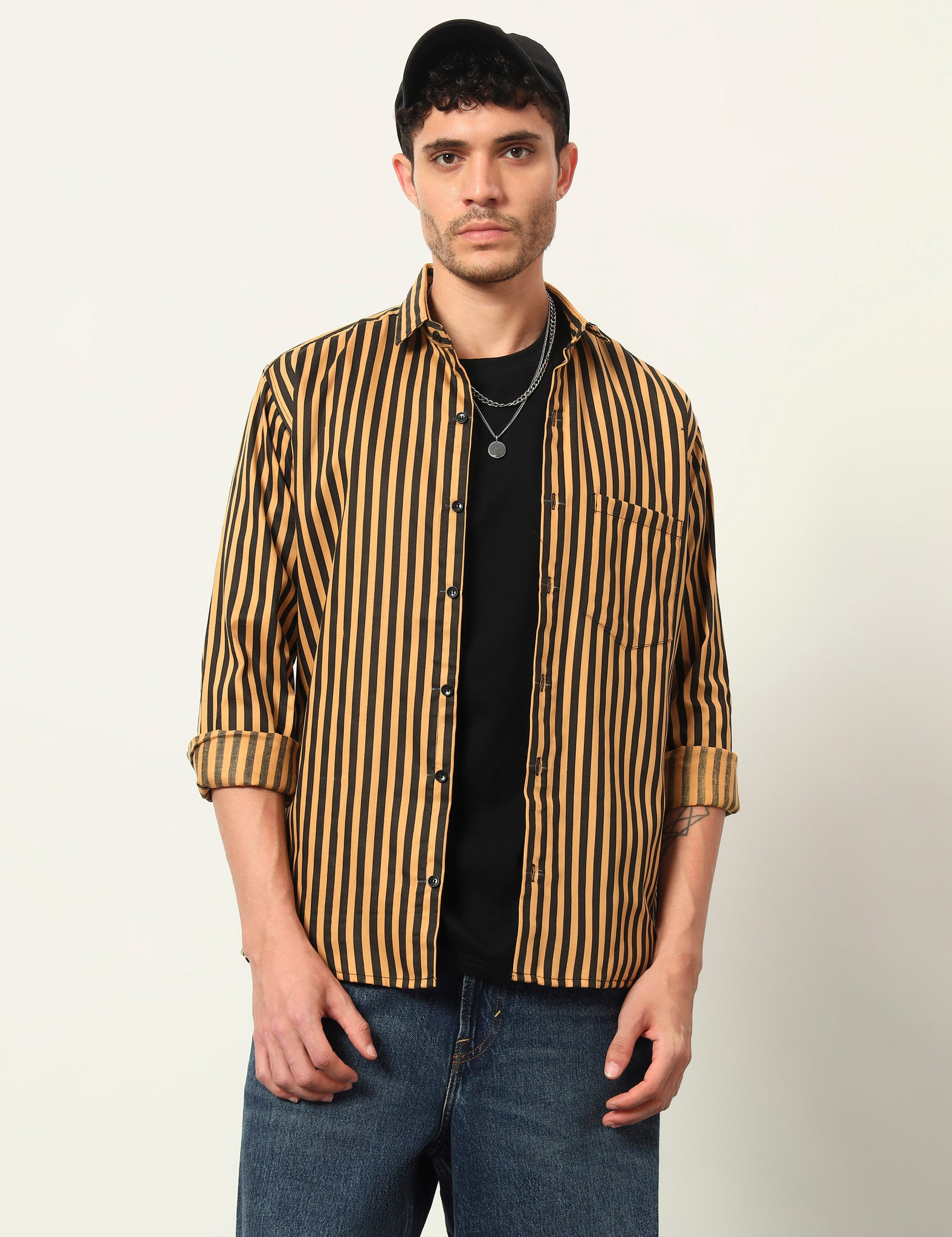 Inferno Stripes Casual Ochre Yellow Cotton Blend Shirt