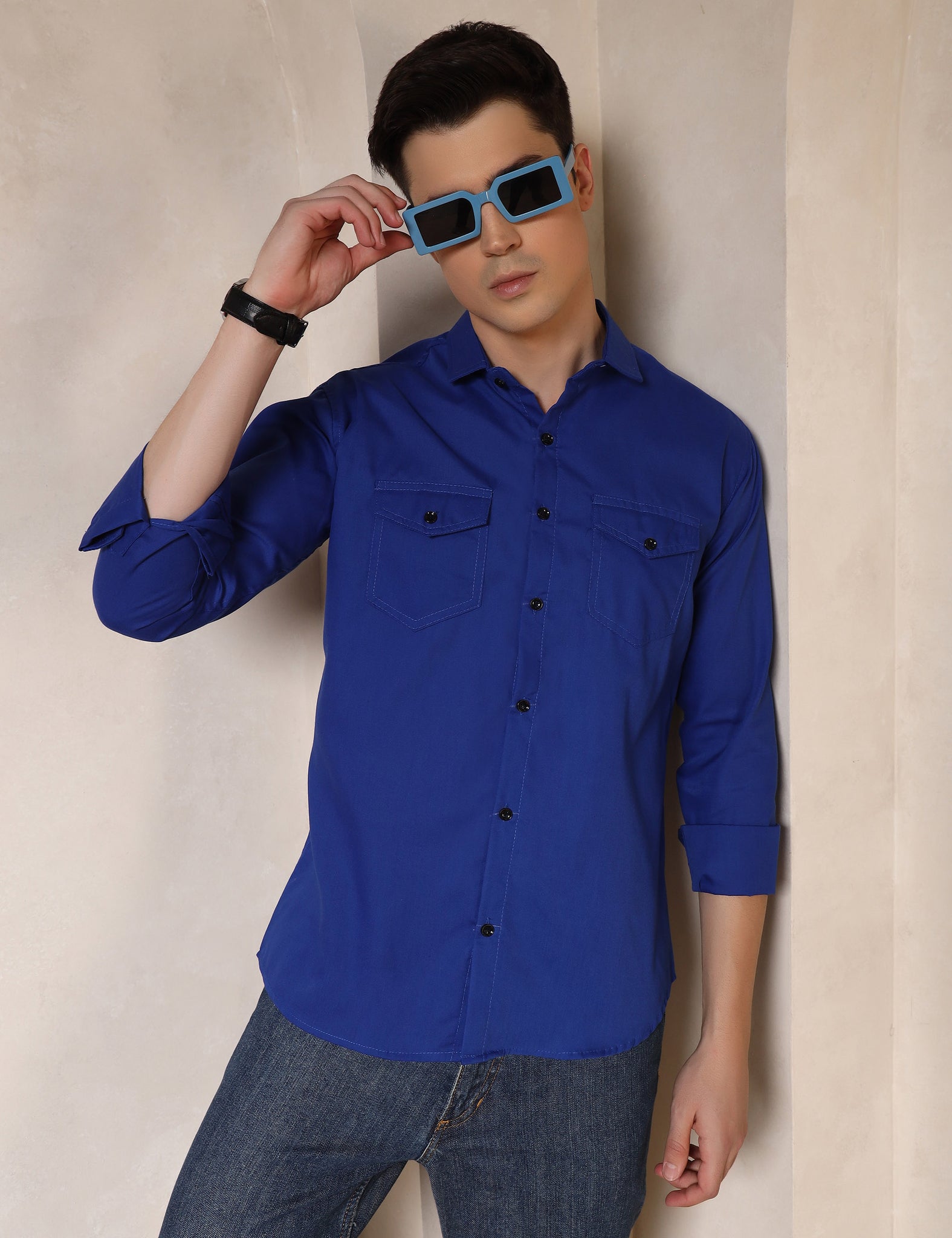 Classic Royal Blue Dual Pocket Cotton Blend Shirt