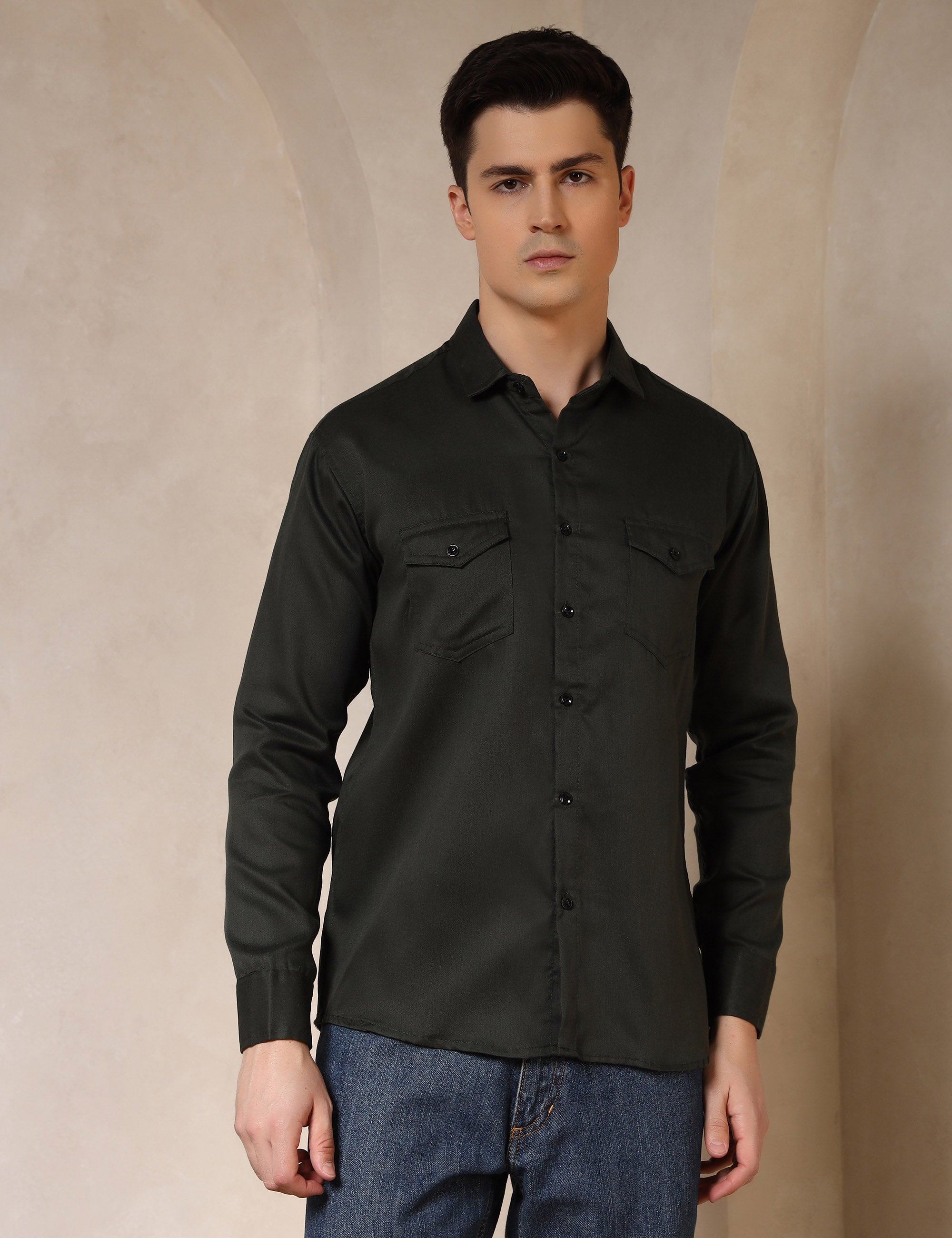 Classic Olive Green Dual Pocket Cotton Blend Shirt