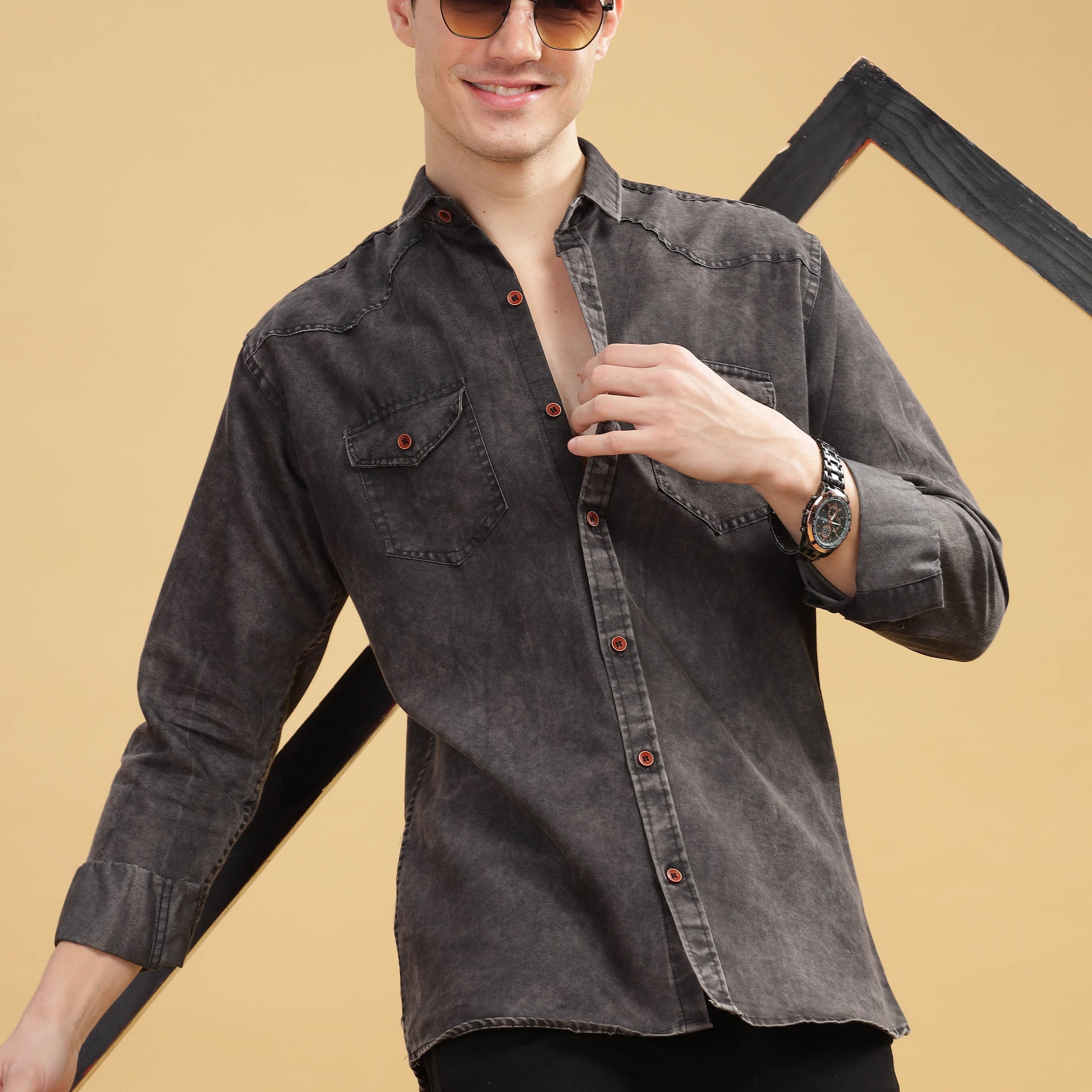 Men’s Washed Black Denim Utility Shirt