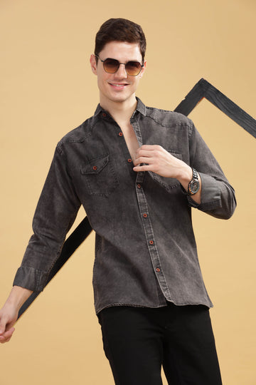 Men’s Washed Black Denim Utility Shirt