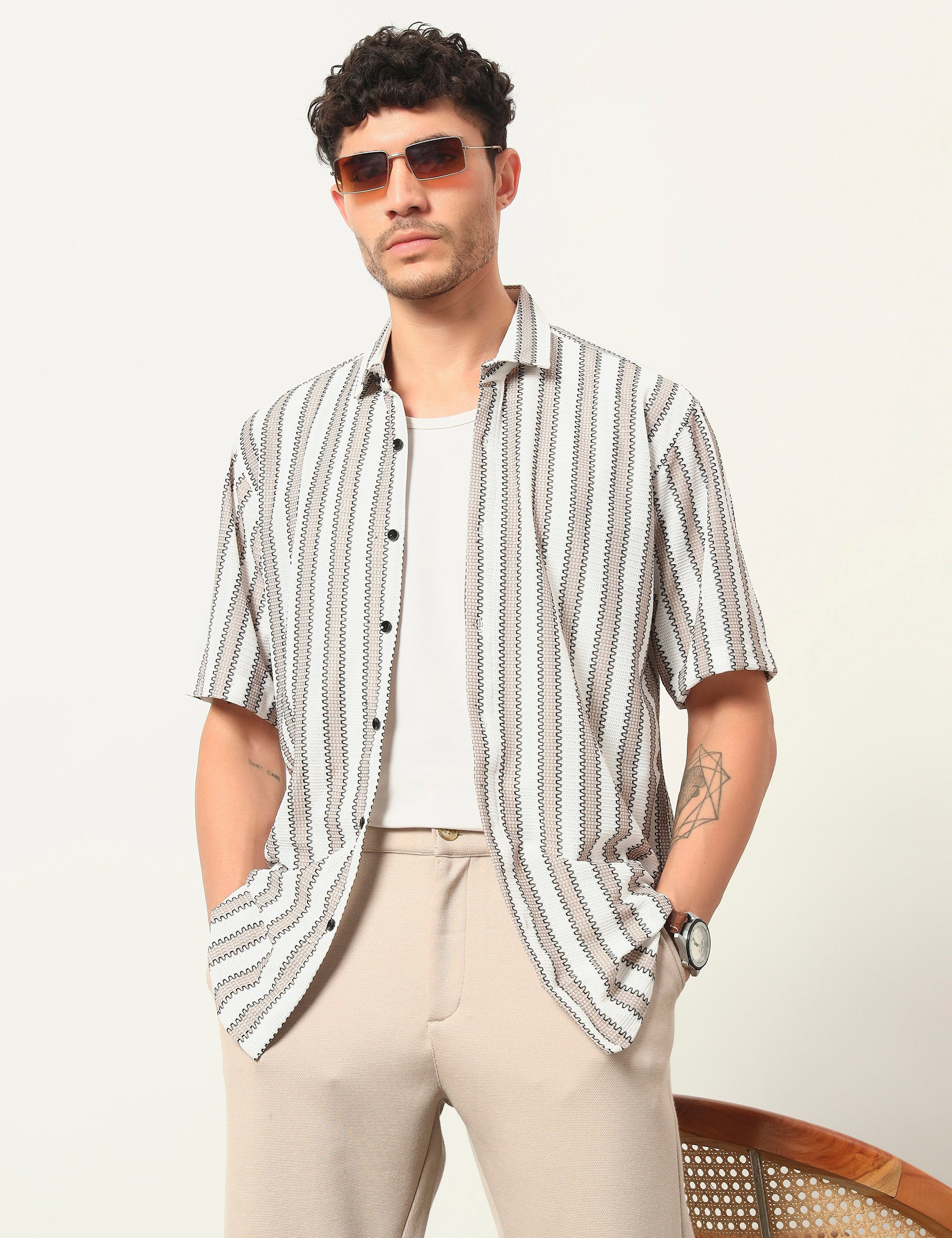 Fresh Flow Polyester Blend Beige Striped Shirt