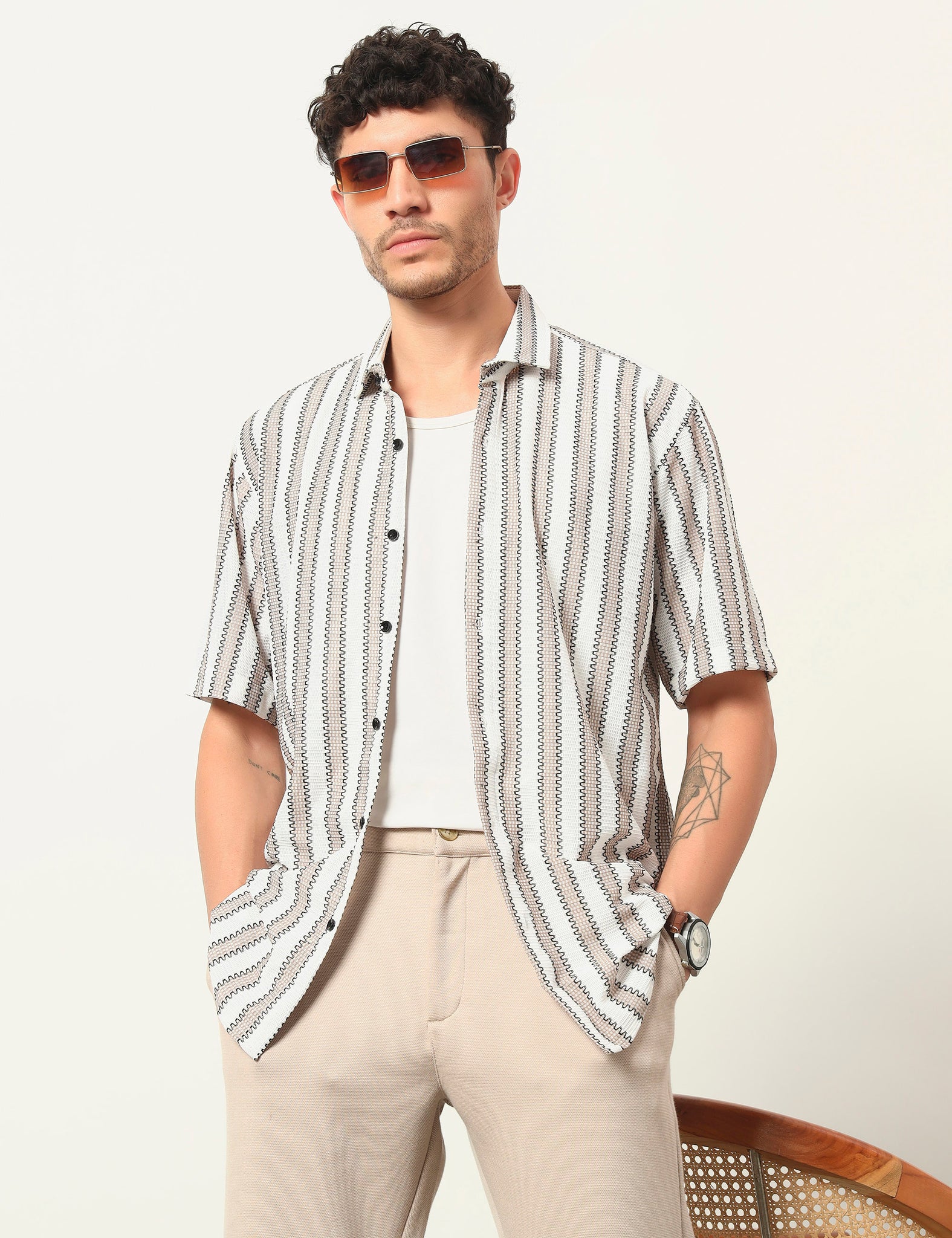 Fresh Flow Polyester Blend Beige Striped Shirt