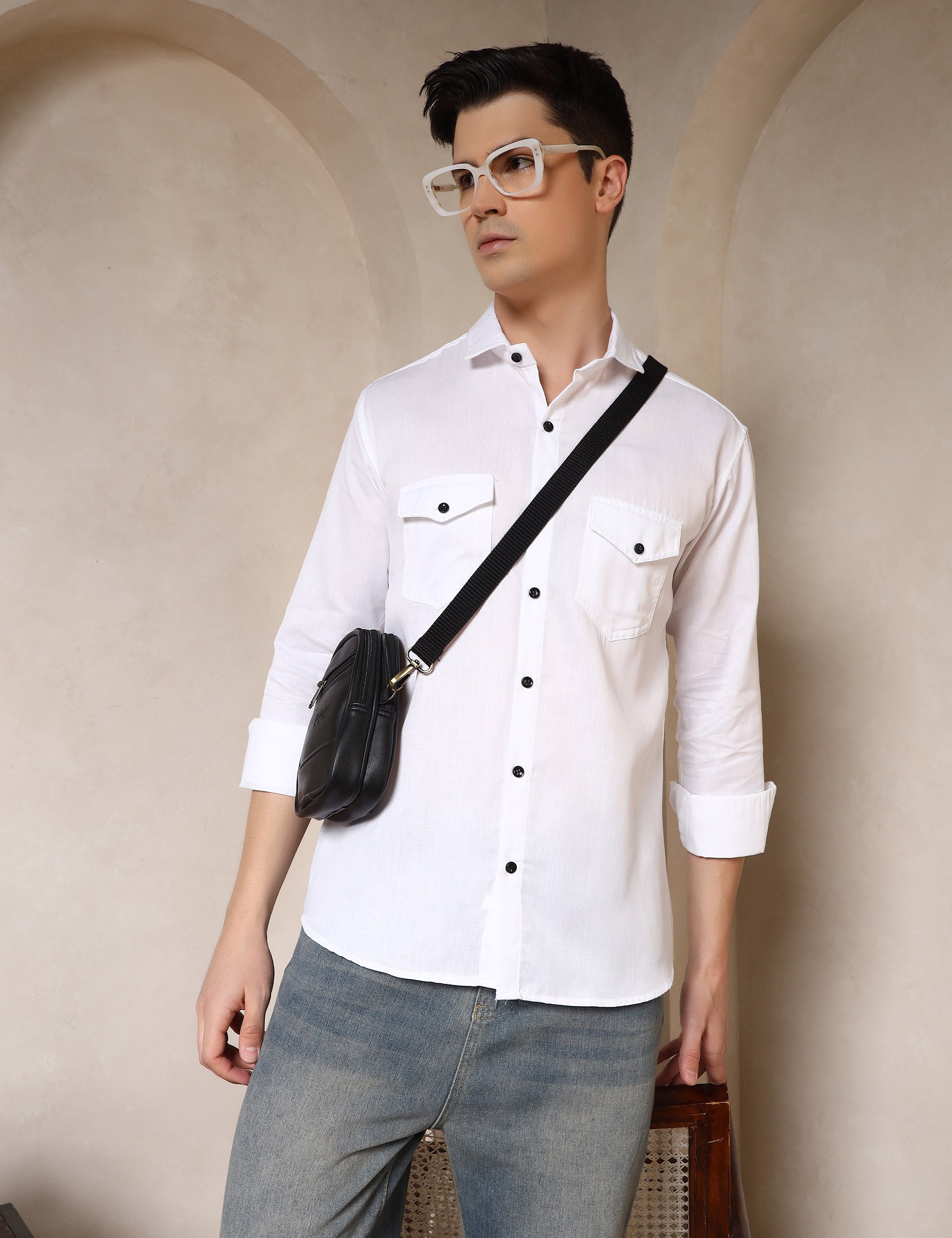Classic White Dual Pocket Cotton Blend Shirt