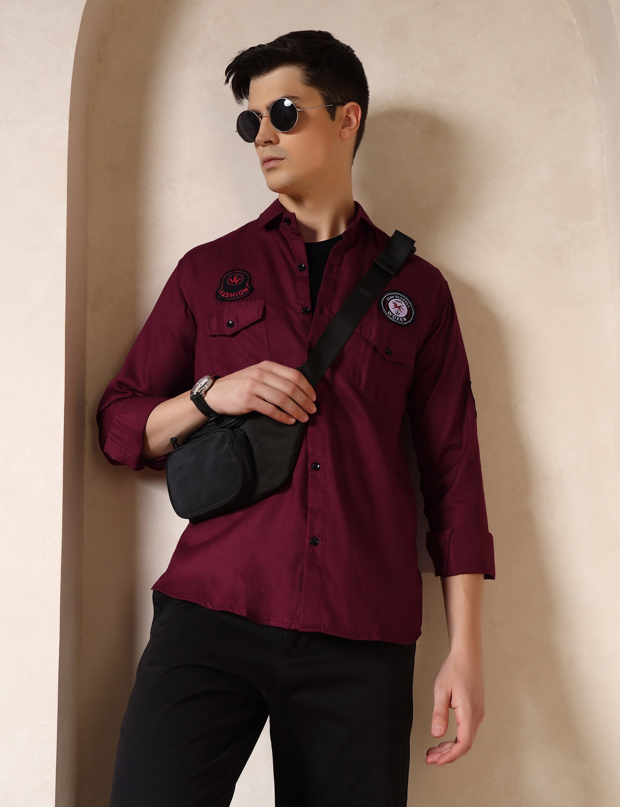 Urban Style Embroidery Patch Maroon Cotton Blend Shirt