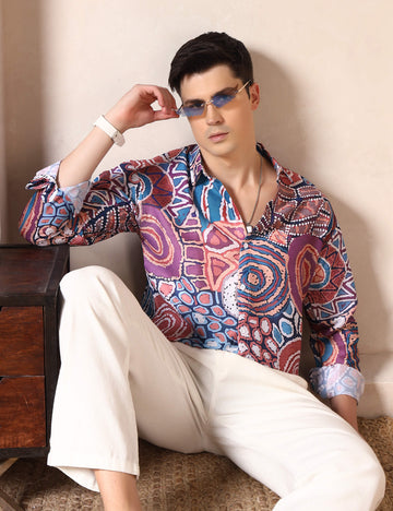 Vibrant Tribal Pattern Printed Cotton Blend Casual Shirt