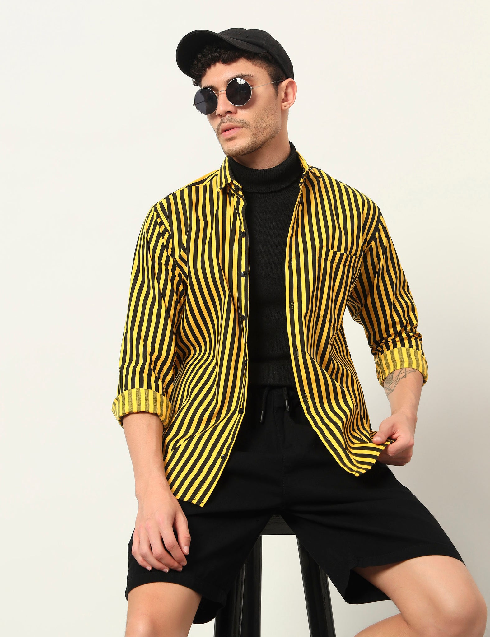 Inferno Stripes Casual Yellow Cotton Blend Shirt