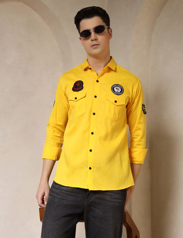 Urban Style Embroidery Patch Yellow Cotton Blend Shirt