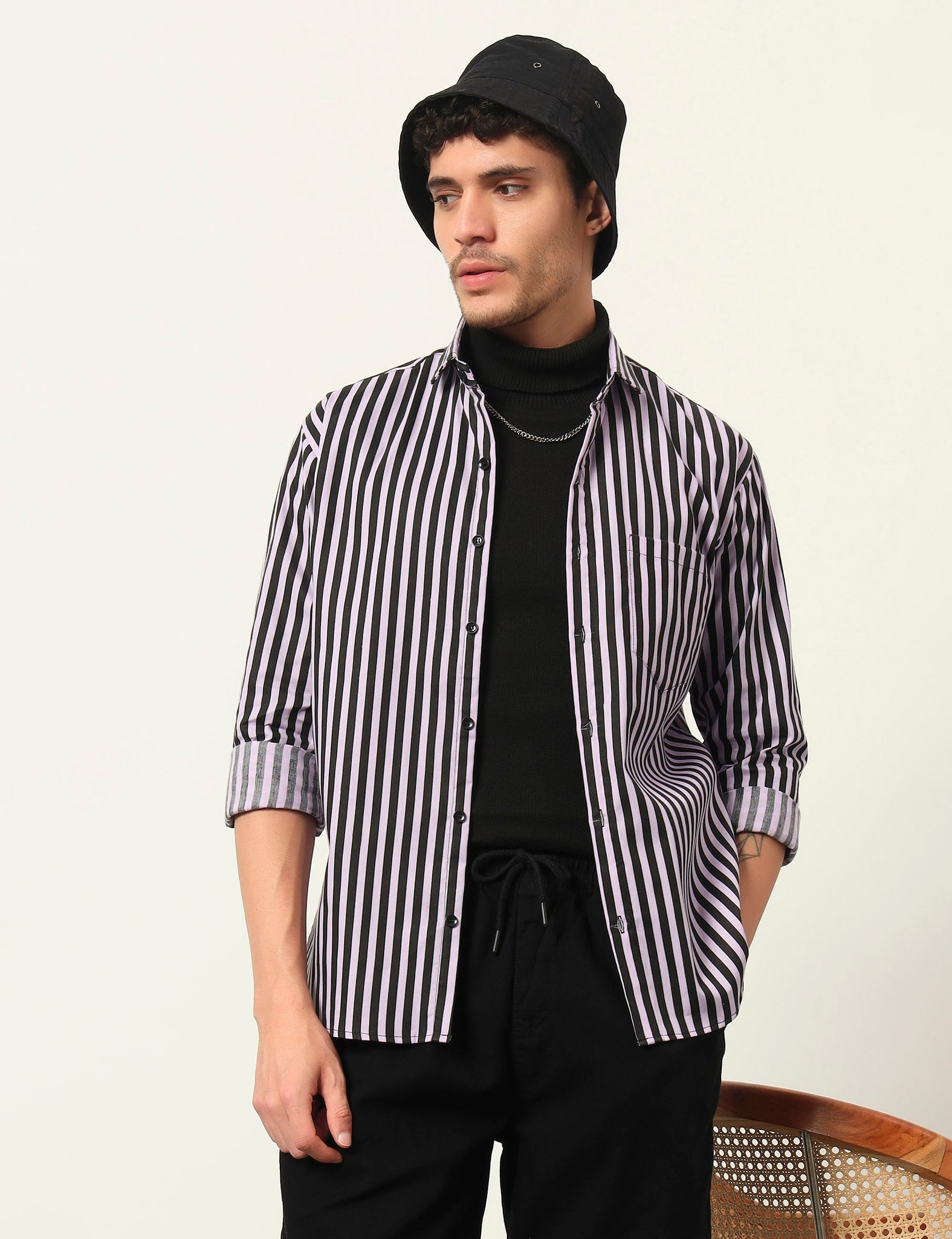 Inferno Stripes Casual Lavender Cotton Blend Shirt