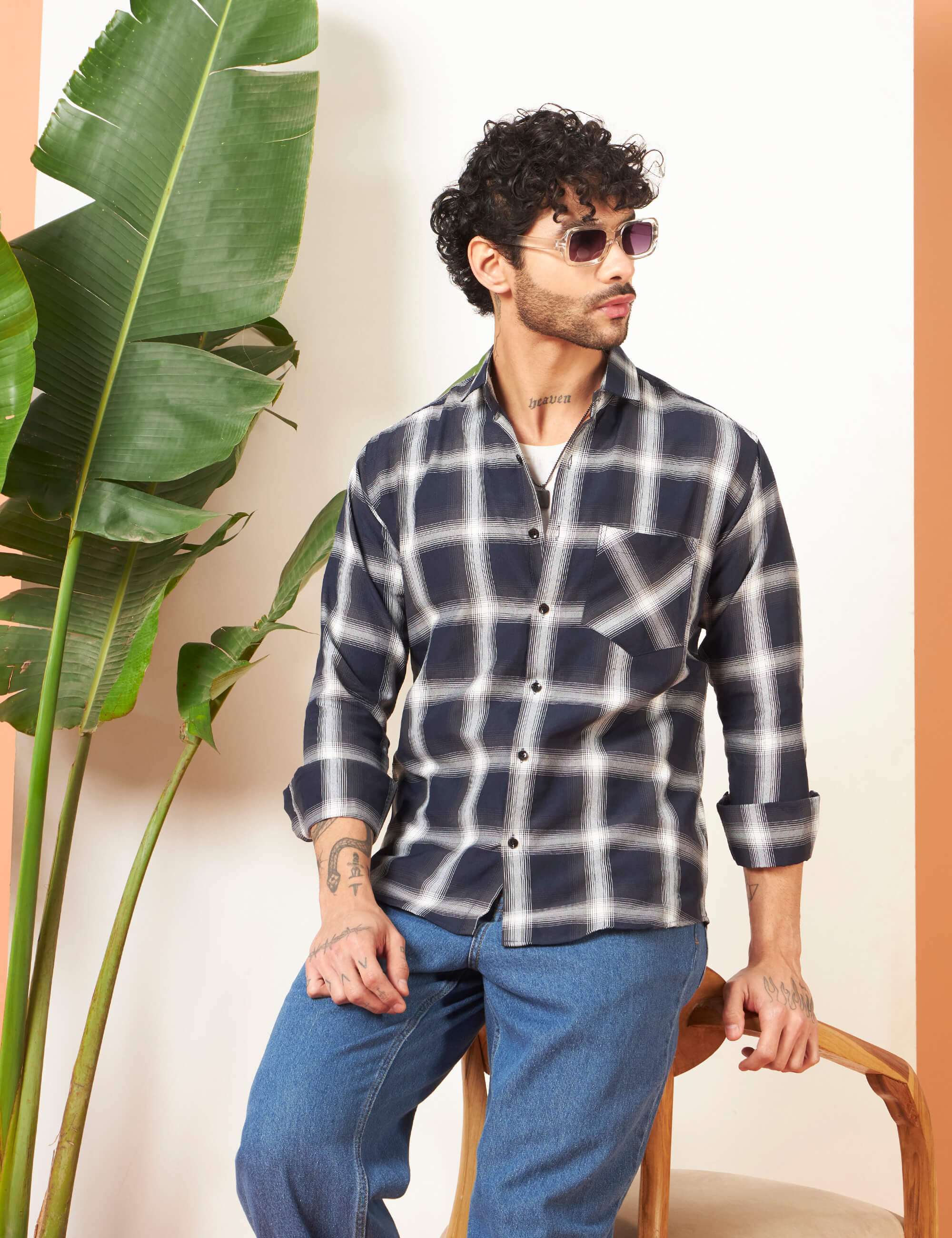 Urban Grid Navy Cotton-Blend Shirt