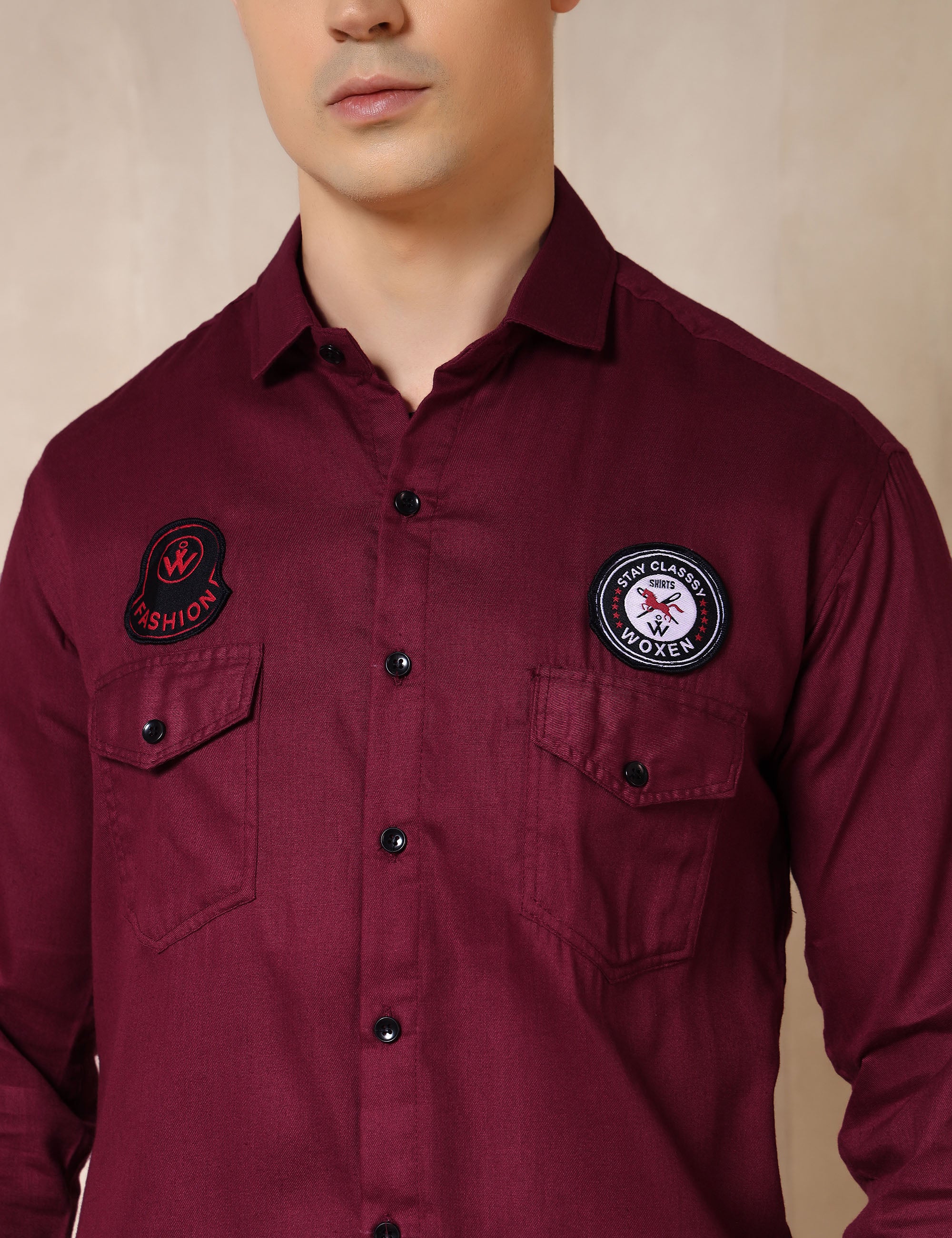 Urban Style Embroidery Patch Maroon Cotton Blend Shirt