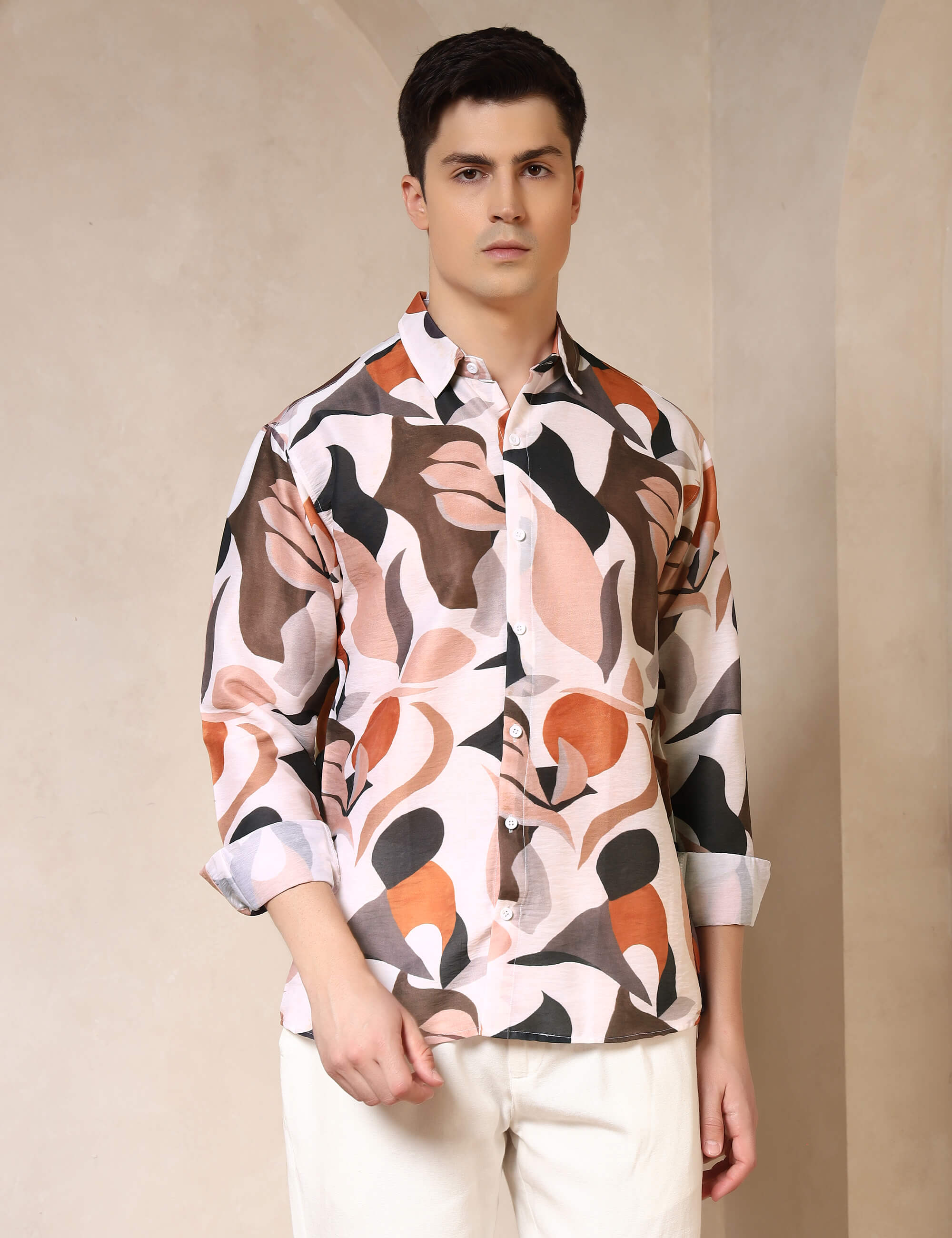 Earth Tone Abstract Cotton Blend Printed Casual Shirt