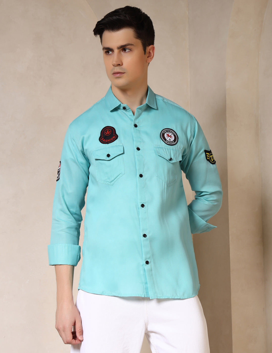Urban Style Embroidery Patch Sea Green Cotton Blend Shirt