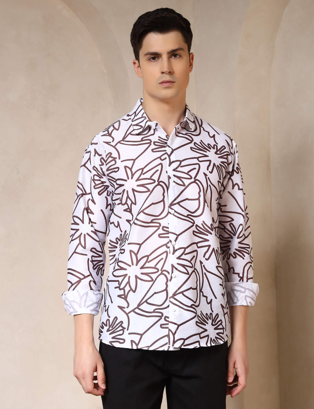 Minimal Floral Line Art Cotton Blend Casual Shirt