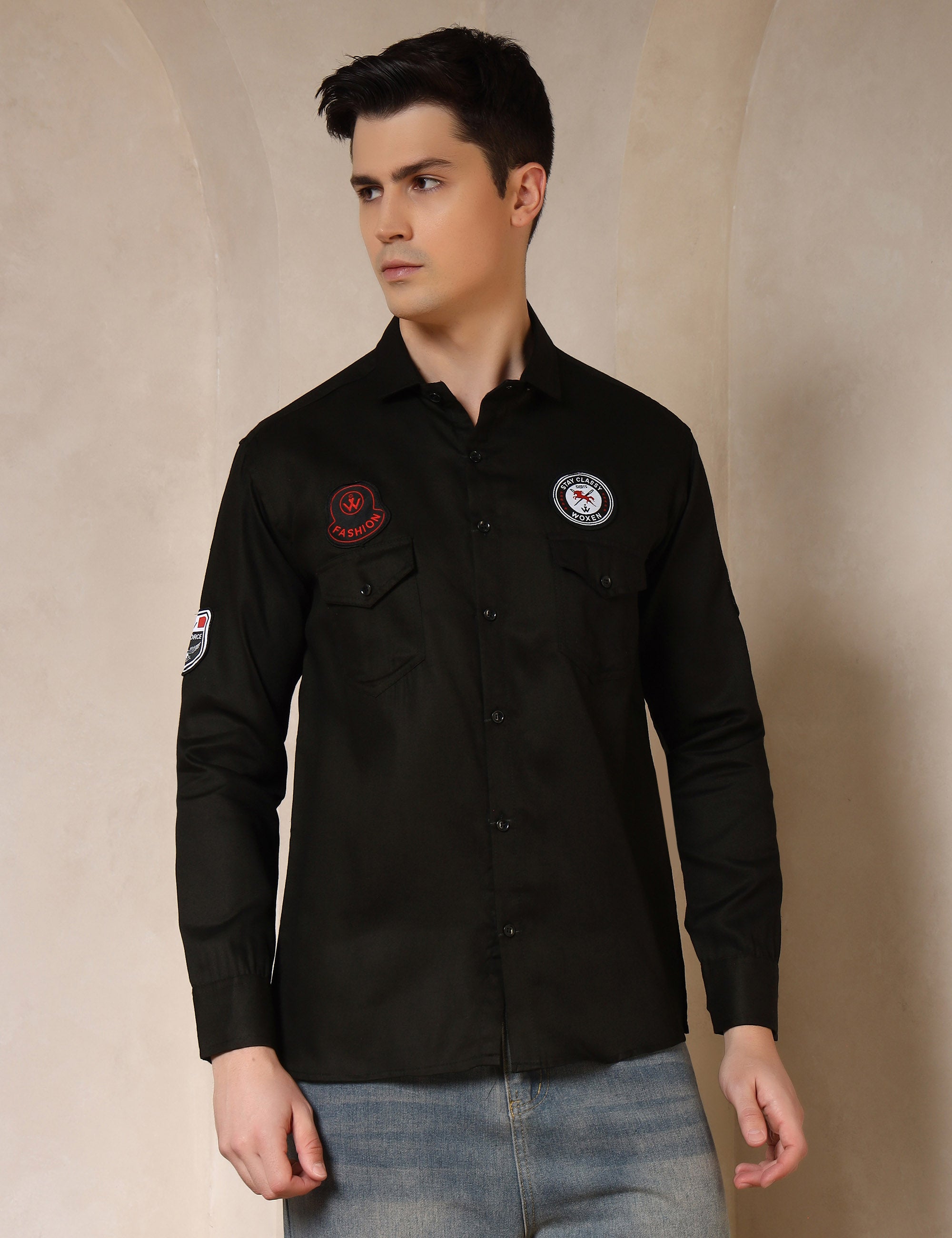 Urban Style Embroidery Patch Black Cotton Blend Shirt