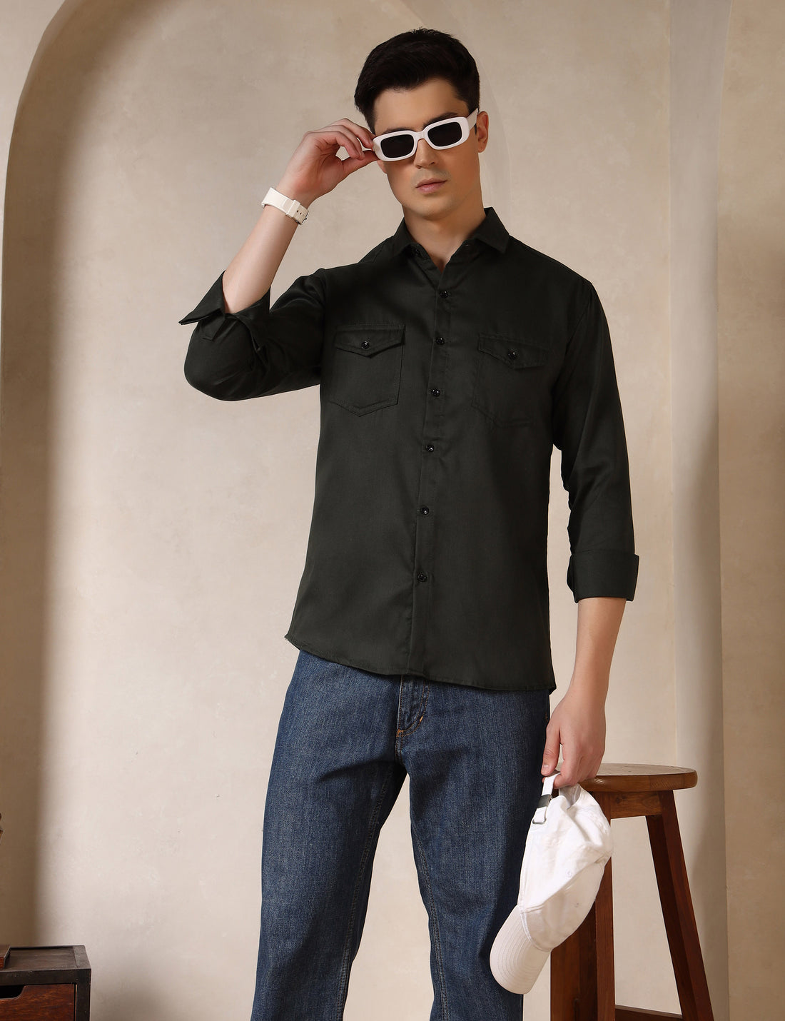 Classic Olive Green Dual Pocket Cotton Blend Shirt