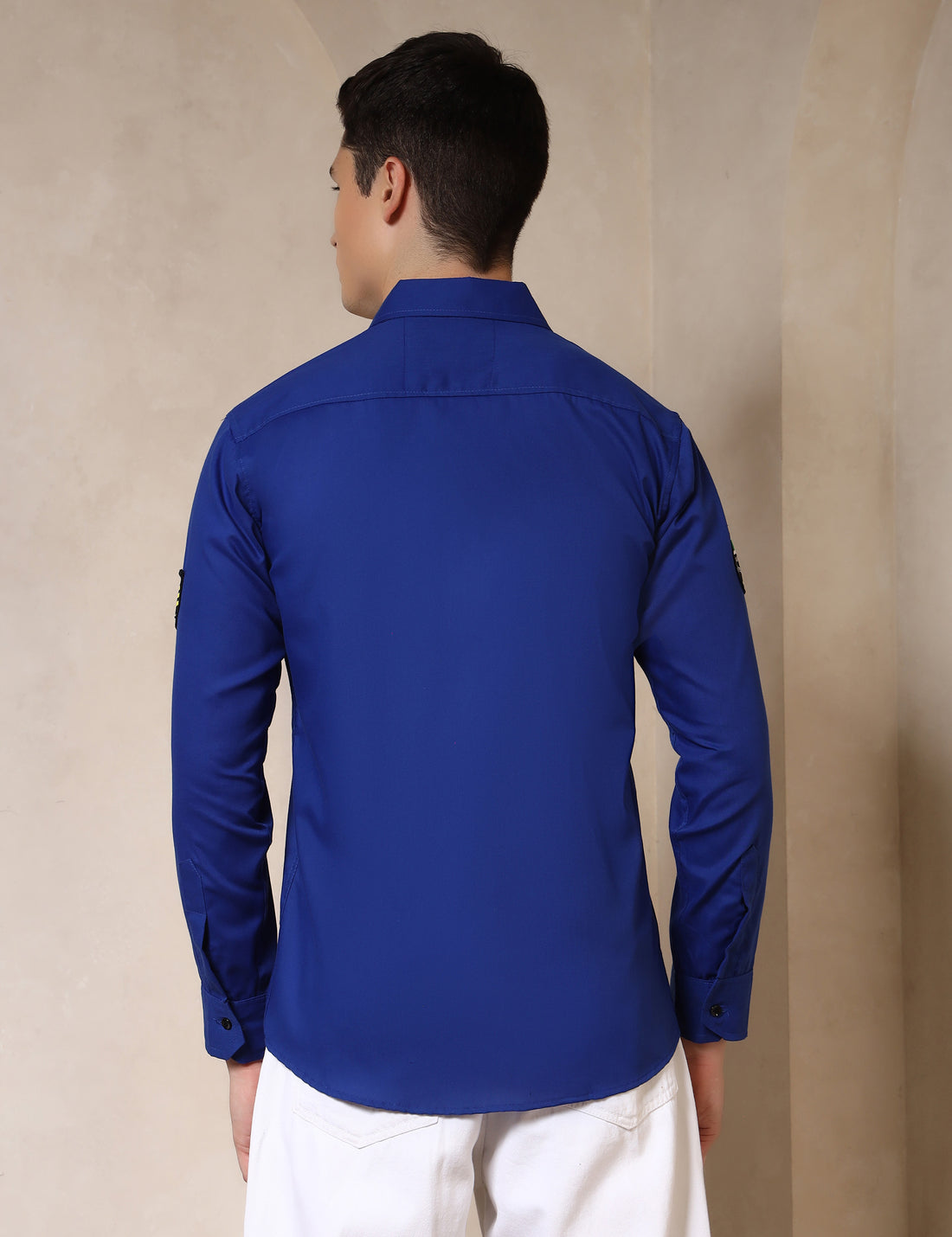 Urban Style Embroidery Patch Royal Blue Cotton Blend Shirt