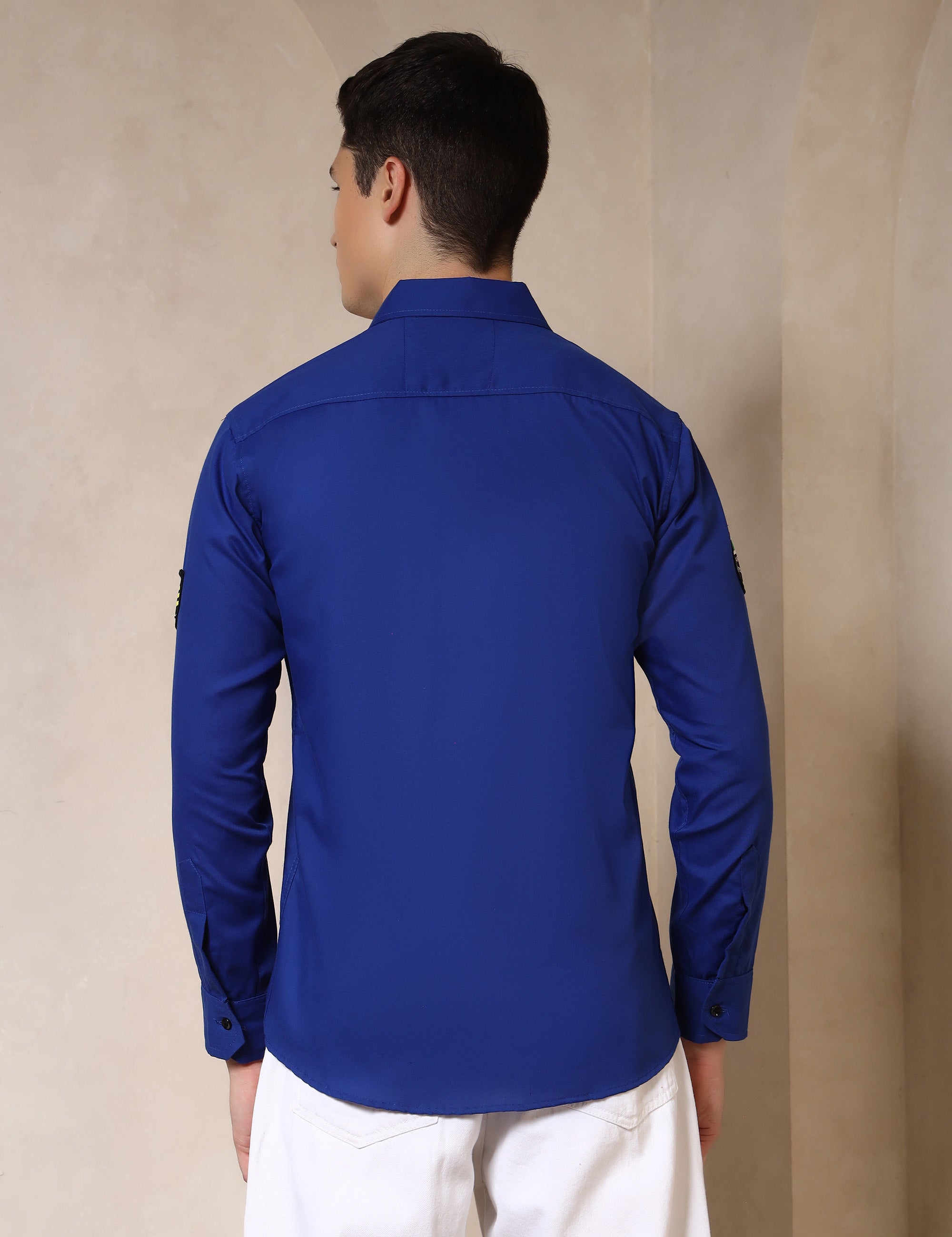 Urban Style Embroidery Patch Royal Blue Cotton Blend Shirt